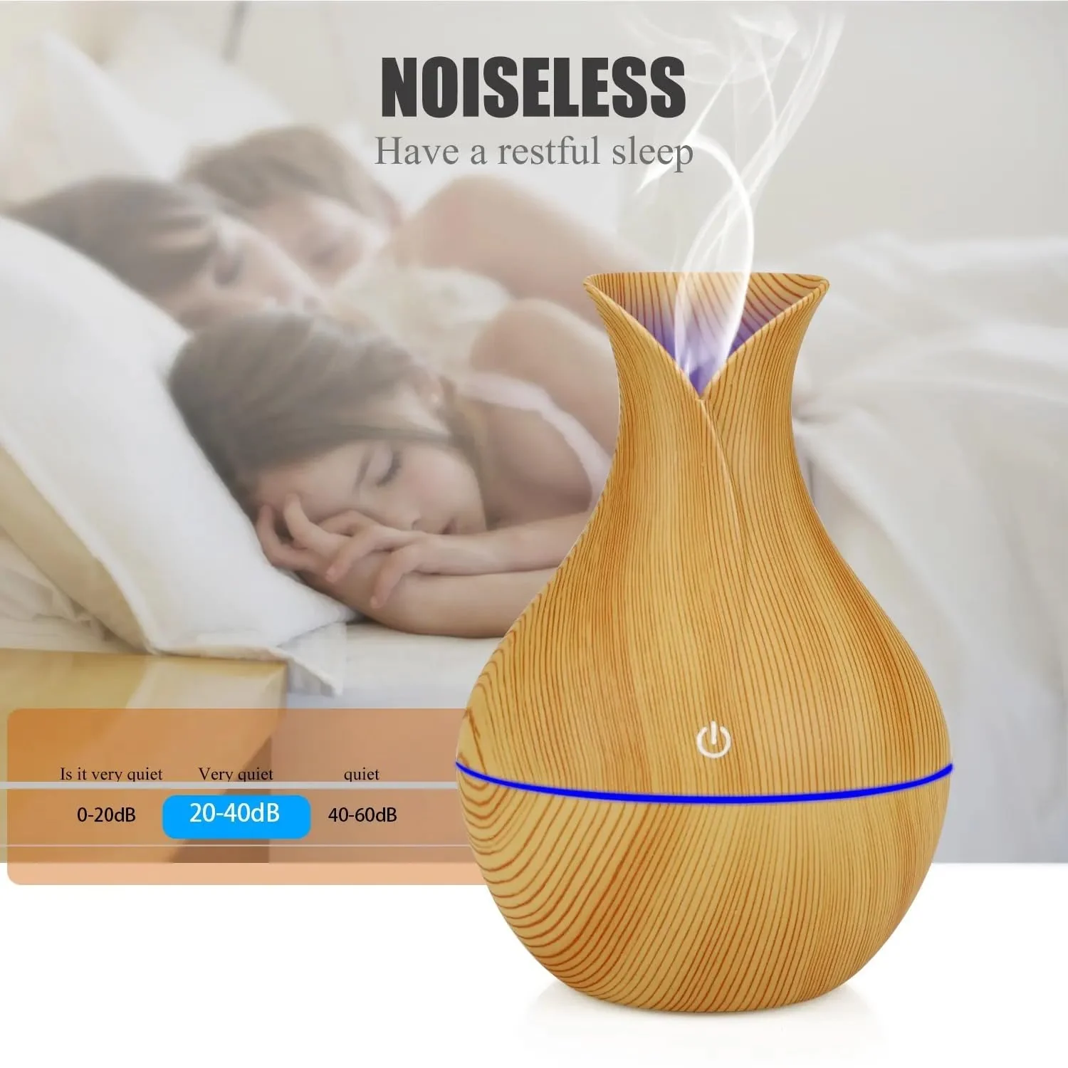 Mobigon Wood Cool Mist Ultrasonic Humidifier for Room Moisture, Aroma Diffuser for Home, 200ml Essential Oil Diffuser with 7 Colorful Night Light, Auto Shut-Off, Home, Office, car - E.Light Brown