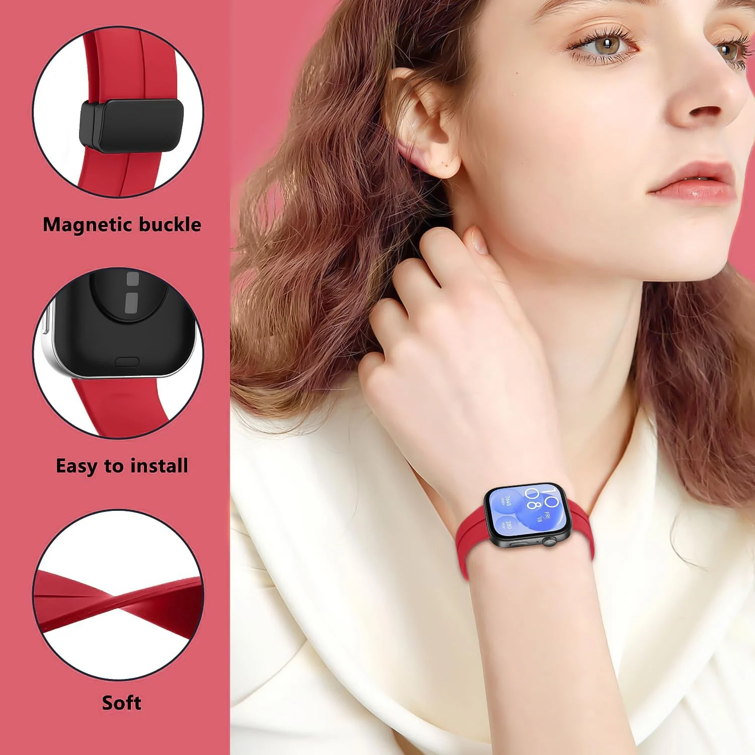 DL3 Mobilak Silicone Strap Compatible with Huawei Watch Fit 3/Watch Fit 4 Pro/Fit 4 Magnetic Metal Stainless Buckle Sport Silicone Strap, Band Quick Release Soft Replacment Wristband - Red