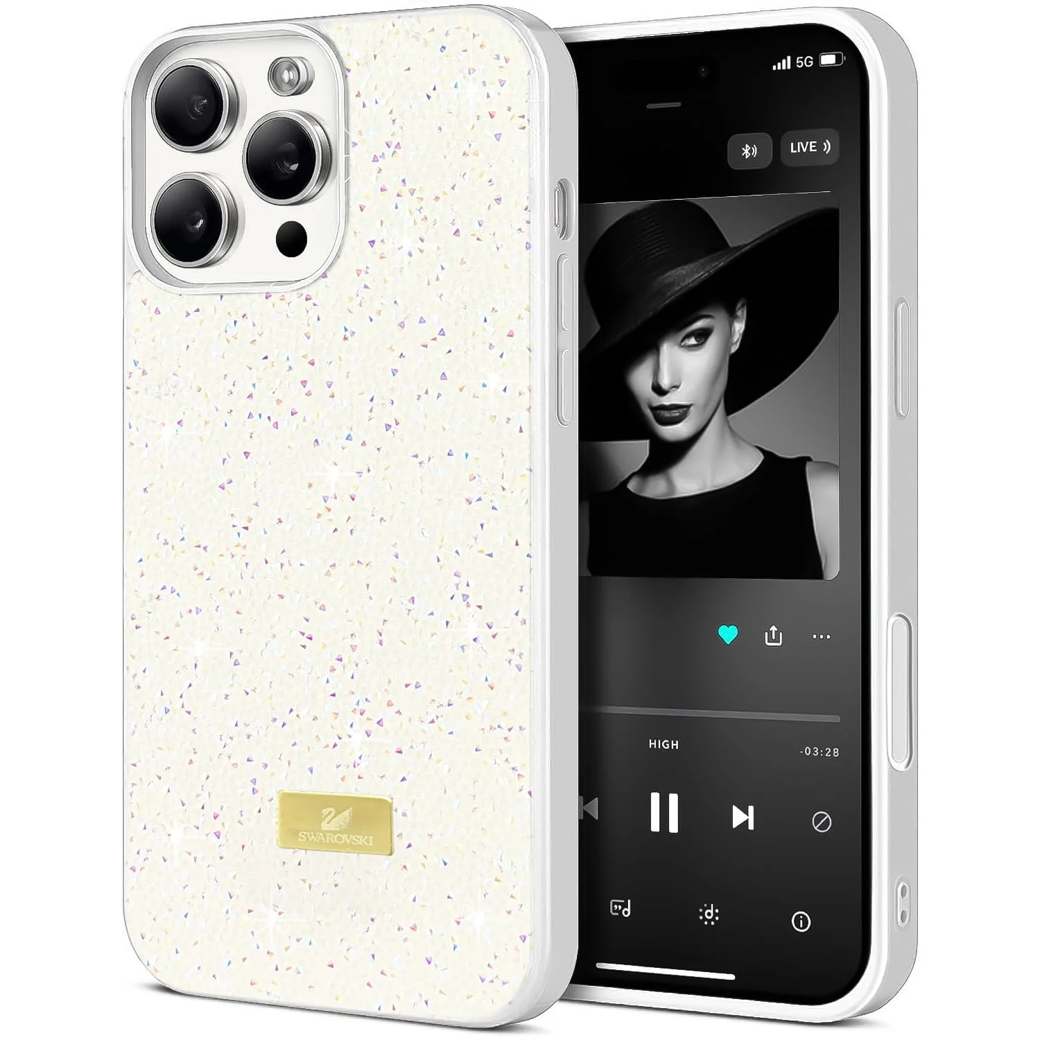 DL3 Mobilak Glitter Rhinestone Protective Case for iPhone 16 Pro 6.3-inch with Shockproof Design - White