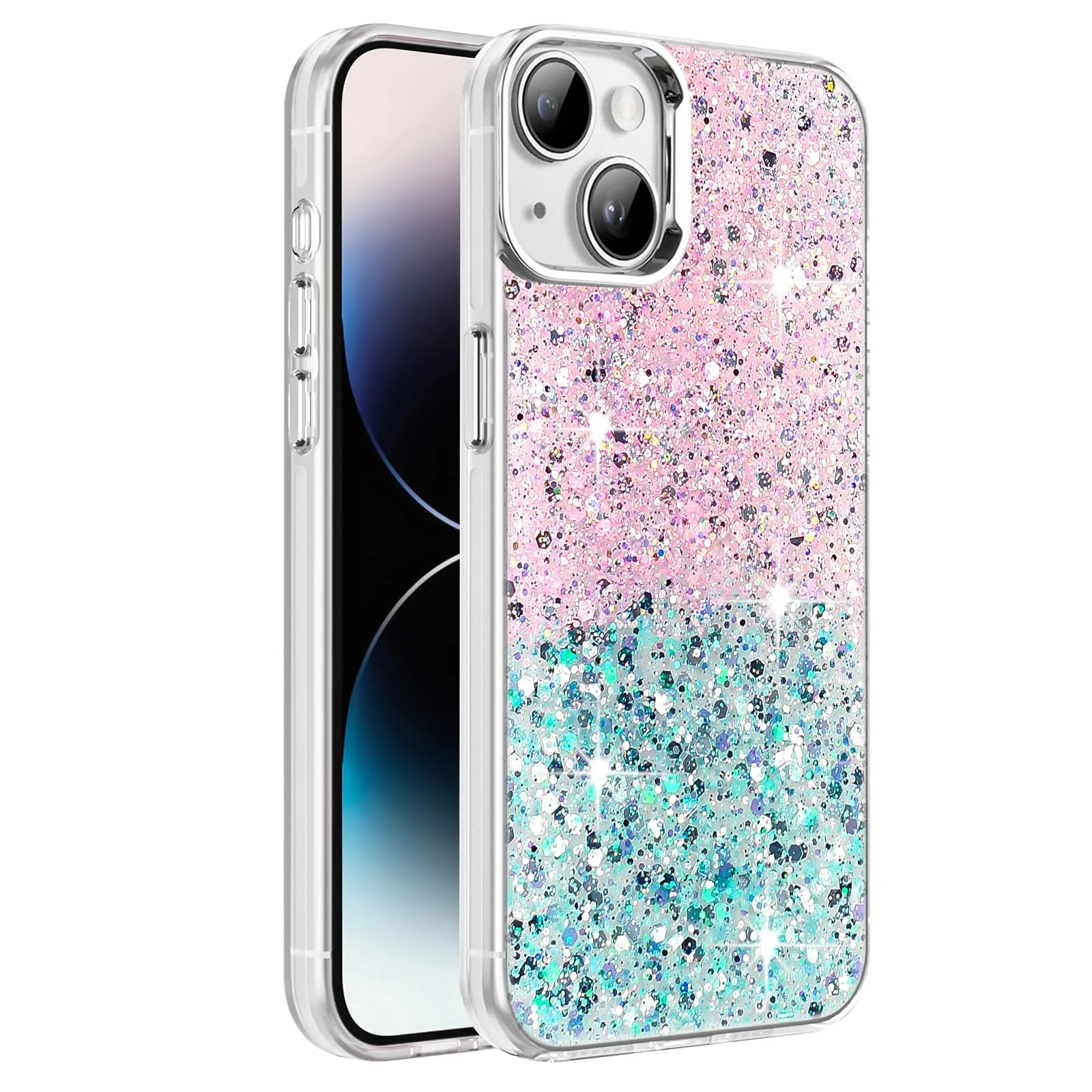 DL3 Mobilak Glitter Protective Case for iPhone 15 (6.1 Inch), Supports wireless charging, Camera protection, Shock-absorbing protection - Pink Green