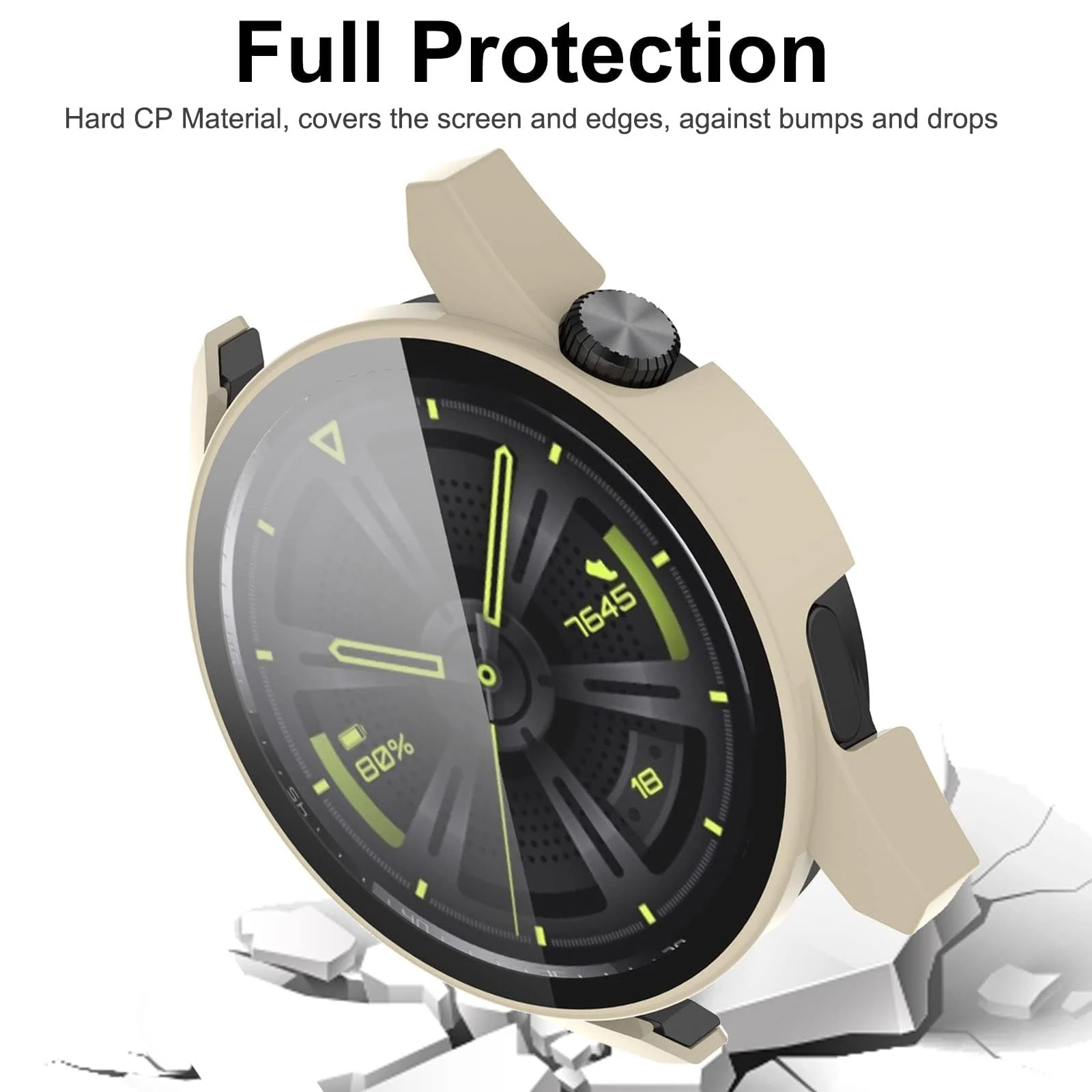 DL3 Mobilak Protective Case Compatible with Huawei Watch GT3 46mm 9H Hardness PC Case Bumper Full Slim Protective Cover with Tempered Glass For Huawei Watch GT 3 46mm - Ivory White