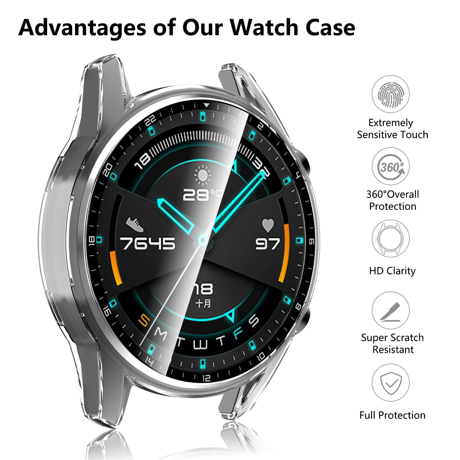 DL3 Mobilak Case Compatible with Huawei Watch GT2 46mm PC Cover with Bezel Tempered Glass Protection, Ultra Thin Full Protection for Huawei Watch GT 2 46 mm Protective Case - Clear