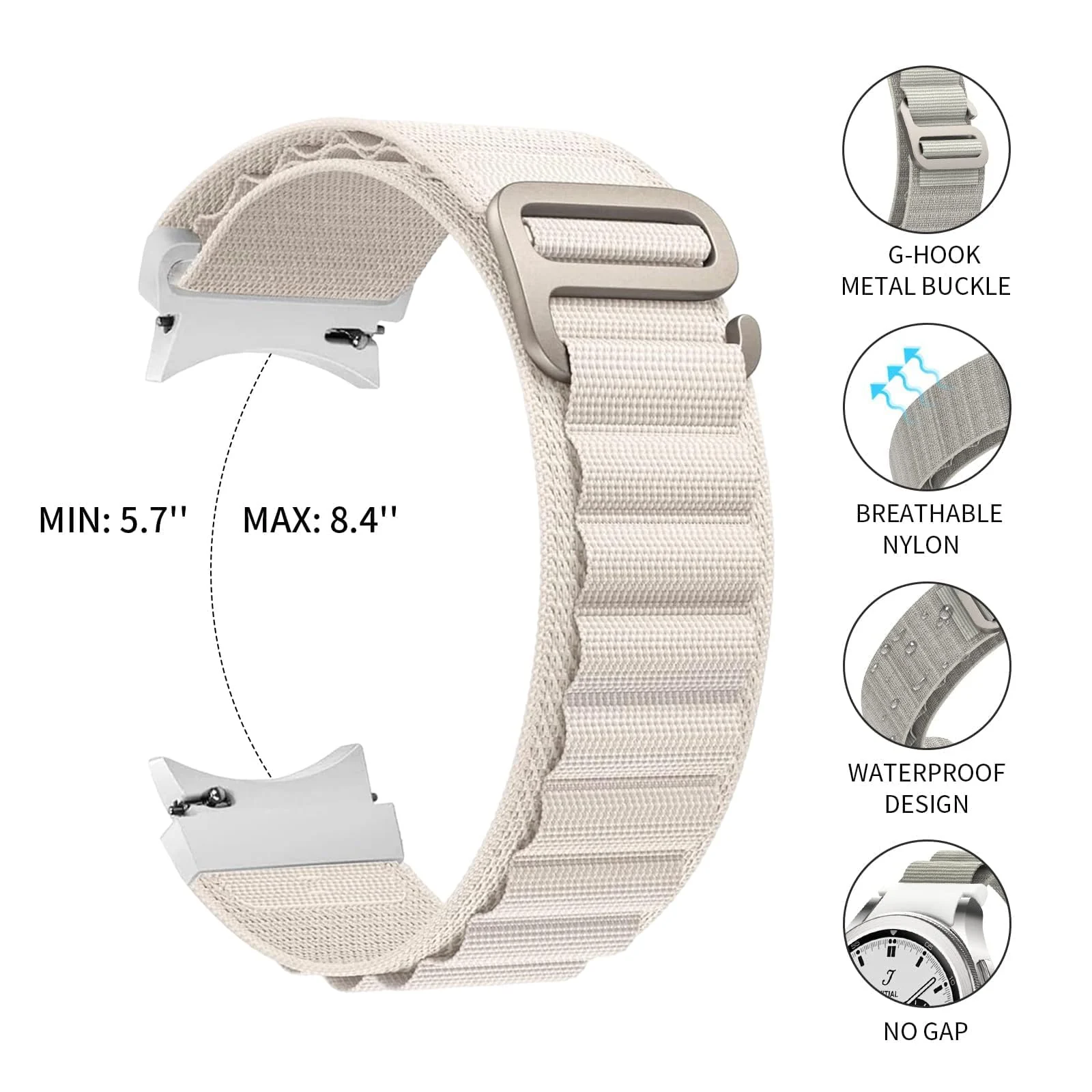 DL3 Mobilak No-Gap Nylon Watch Bands Compatible with Samsung Galaxy Watch 6 5 4 Band 40mm 44mm/Watch 5 Pro Band 45mm/Watch 6 4 Classic Band 42mm 43mm 46mm 47mm, Alpine Loop Woven Sport Strap Men Women - Starlight