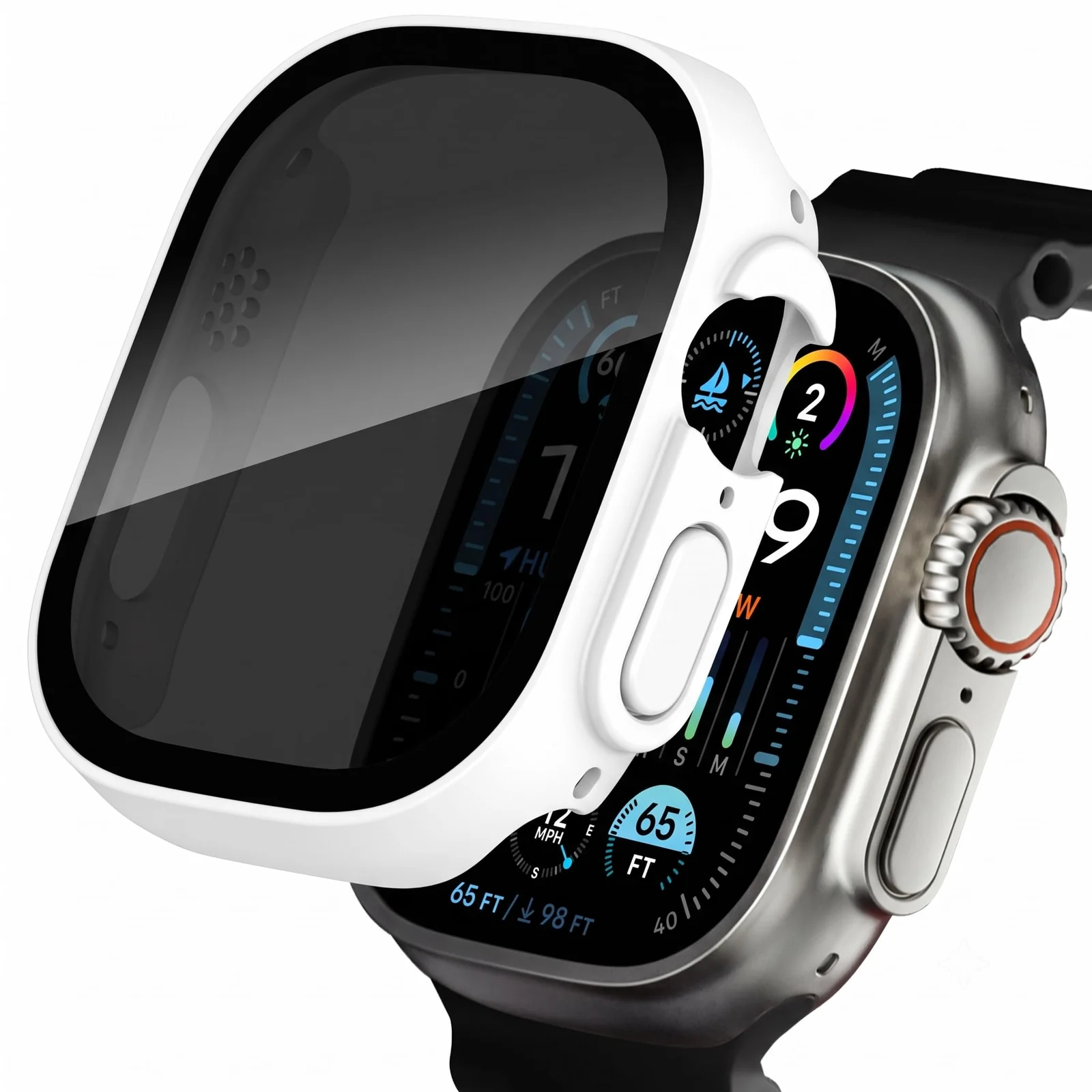 DL3 Mobilak Cover for Apple Watch Ultra 3/2/1 49mm Privacy Screen Protector Anti Spy, Shockproof Bumper Case, Integrated Hard PC Protective Case in HD Tempered Glass for Apple Watch Ultra - White