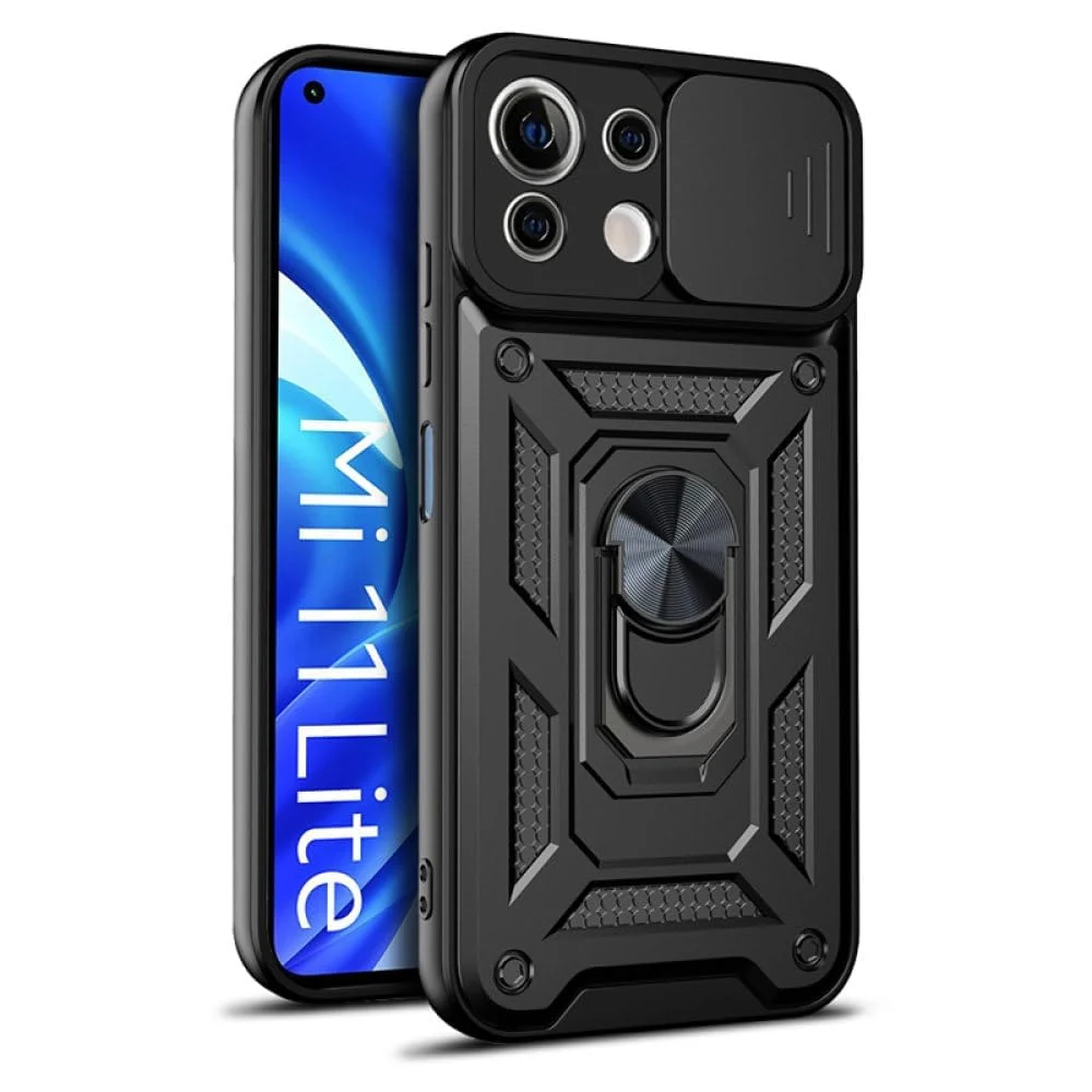 DL3 Mobilak Protective Case with Sliding Camera Cover, Metal Ring Kickstand and Magnetic Car-Mount Support for Xiaomi Mi 11 Lite 4G / 5G & Mi11 Lite 5G NE - Black