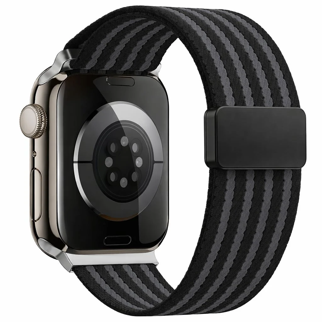 DL3 Mobilak Sport Solo Loop Compatible with Apple Watch Band 42mm 44mm 45mm 46mm 49mm for Women Men, Magnetic Strap Stretchy Braided Wristband for iWatch Series 11 10 9 8 7 6 5 4 3 Ultra 3 2 1 SE SE2 - Black Striped