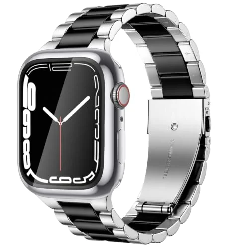 Metal Straps Compatible with Apple Watch 49MM 46MM 45MM 44MM 42MM(Series 3/2/1), Replacement Stainless Steel Business Band for iWatch Series Ultra 3/2/1 Series 12/11/10/9/8/7/6/5/4/SE - Silver/Black