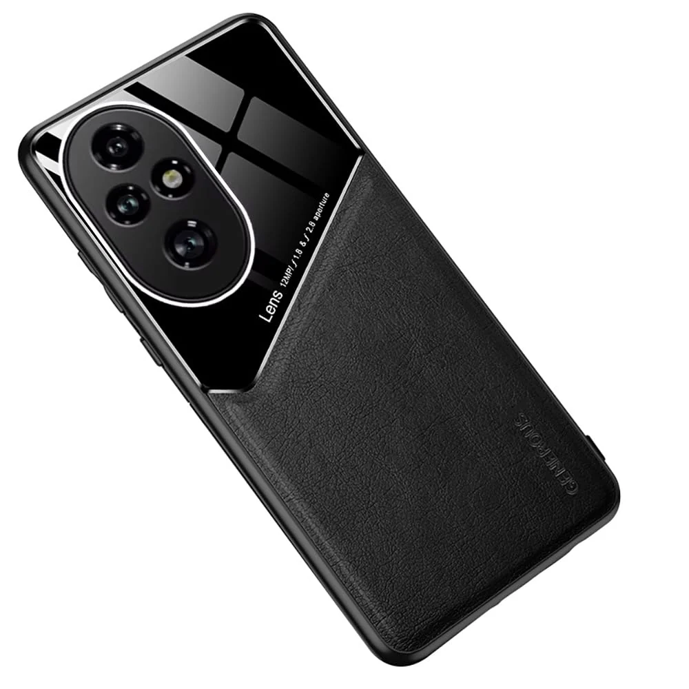 DL3 Mobilak Faux Leather and Plexiglass Protective Case with TPU Frame and Magnetic Car-Mount Support for Honor 200 Pro 5G - Black