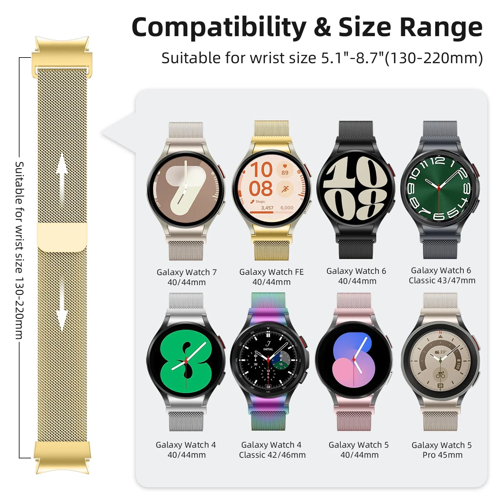 DL3 MOBILAK Milanese Magnetic Stainless-Steel Watch Strap for Samsung Galaxy Watch 4 and 4 Classic and 5 and 5 Pro and 6 and 6 Classic - A-Gold