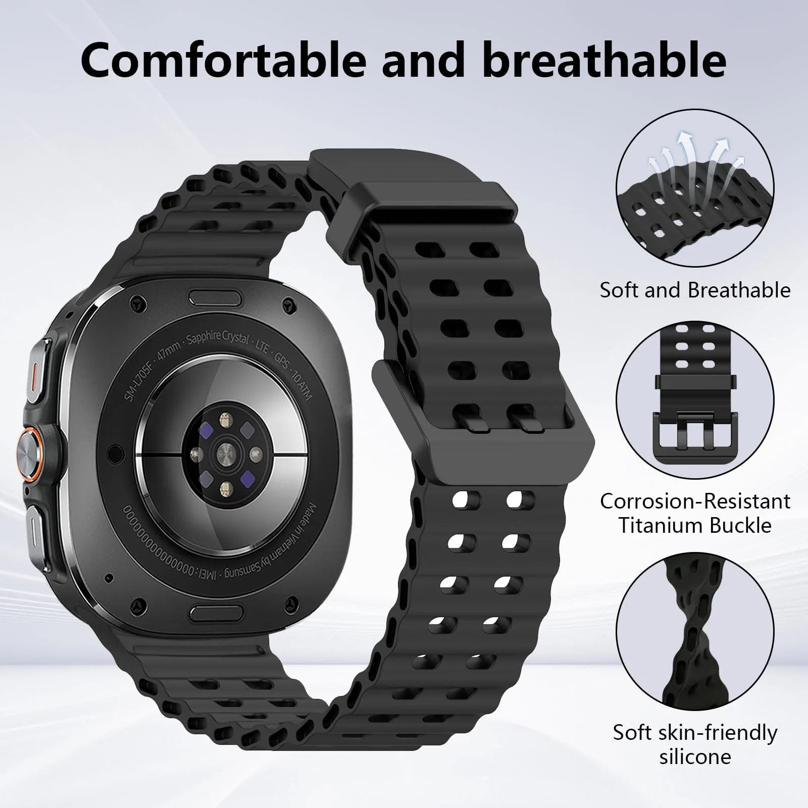 DL3 Mobilak Sport Band Compatible with Samsung Galaxy Watch Ultra Band 47mm Women Men, Breathable Soft Silicone Waterproof Watch Strap Accessories for Samsung Watch 7 Ultra Bands - Black