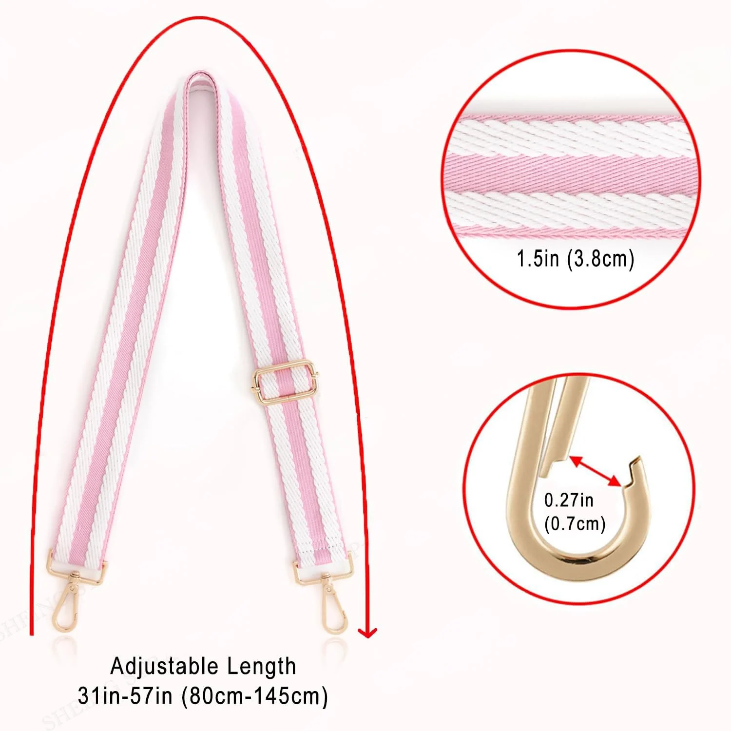 DL3 Mobilak Adjustable Wide Crossbody Bag Strap for Women, Replacement Shoulder Strap for Handbags, Totes & Purses with Elegant Embroidered Pattern and Metal Hooks - Pink White