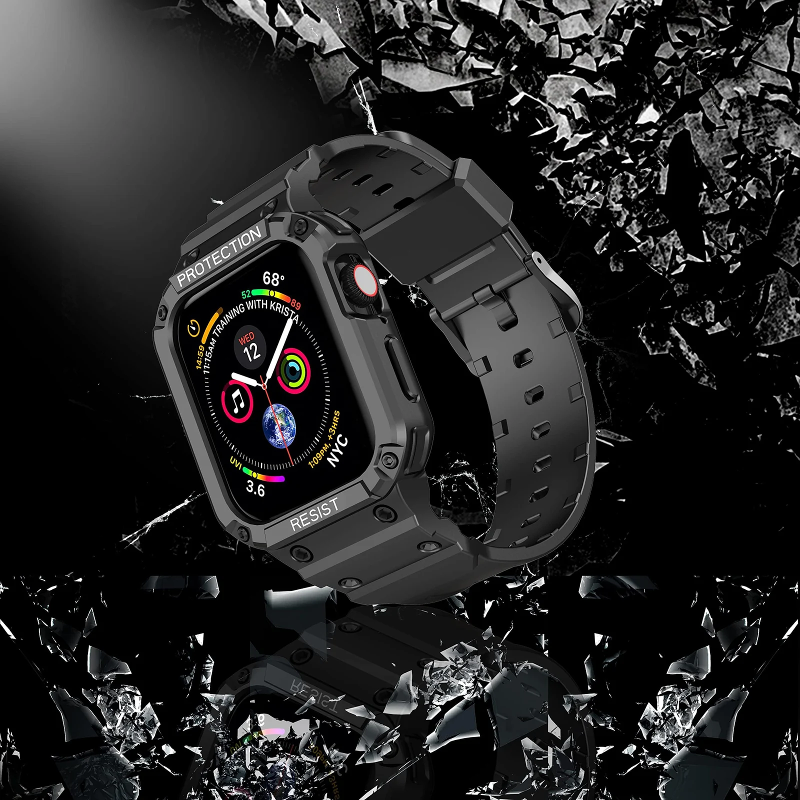 DL3 Mobilak Compatible With Apple Watch Band 45mm 44mm 42mm with Bumper Case, Rugged Men Bands for iWatch SE SE 2 Series 9 8 7 6 5 4 3 2 1, Sport Military Protector Drop-proof Shockproof - Black