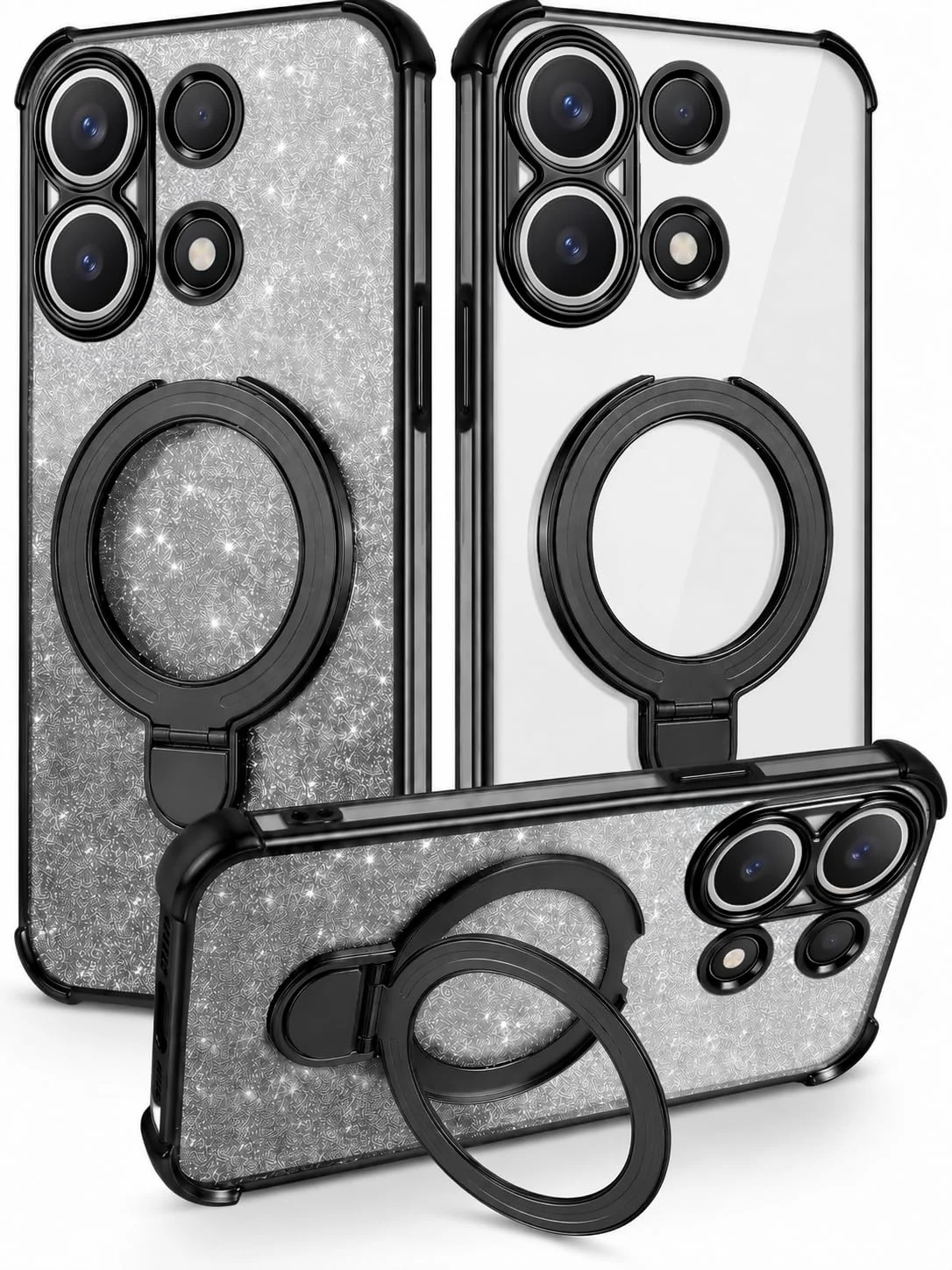 MOBIGON Glitter Phone Case with Magnetic Ring Stand for Xiaomi Redmi Note 13 4G, Black