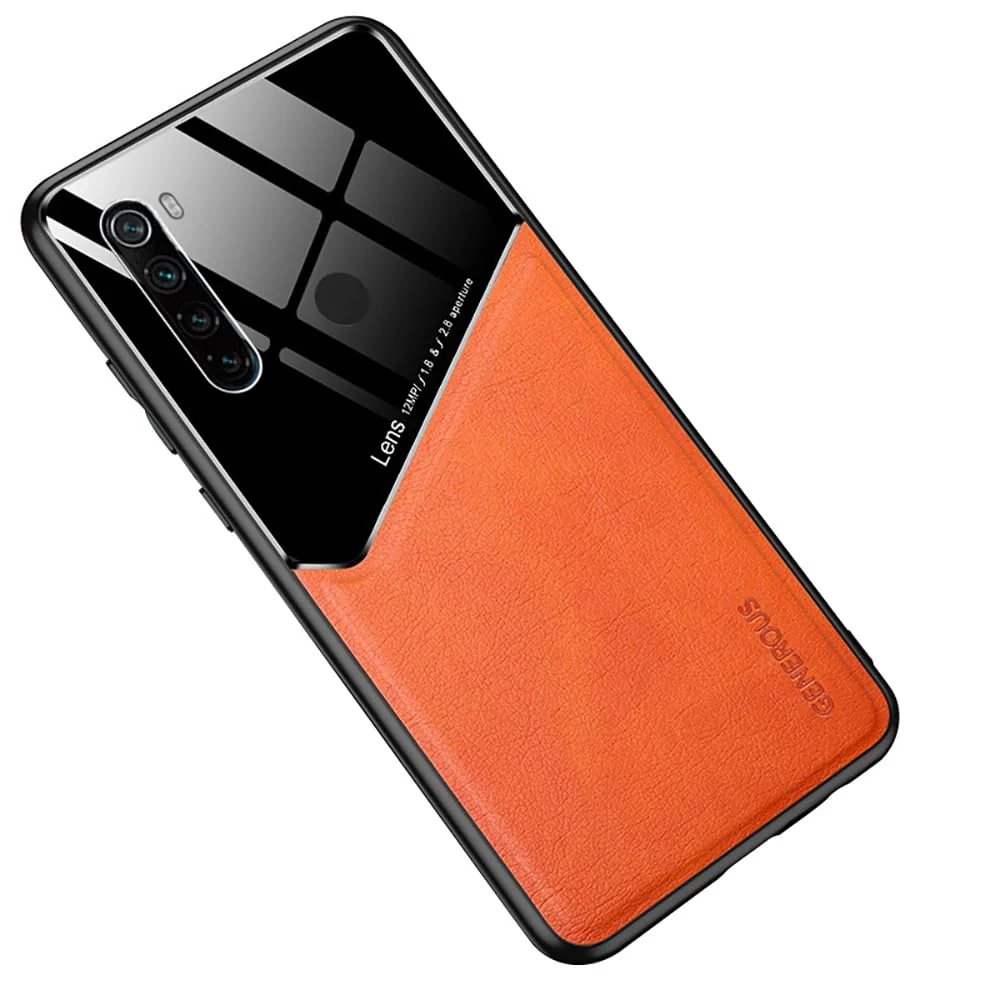 DL3 Mobilak Leather and PC Protective Case for Xiaomi Redmi Note 8 (2019 / 2021), Built-in magnetic car-mount support, Shock-absorbing protection, Raised edges around the screen and camera - Orange