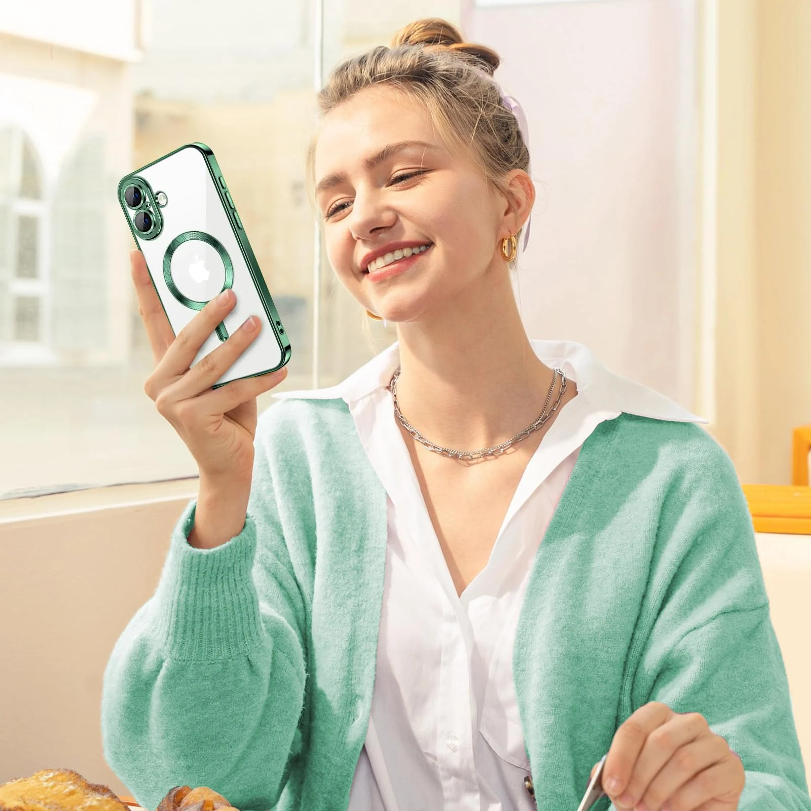 DL3 Mobilak Soft Clear Case for iPhone 16 6.1, Camera Lens Full Protection, Compatible with MagSafe Wireless Charging, Shockproof Electroplated TPU Phone Cover - Green