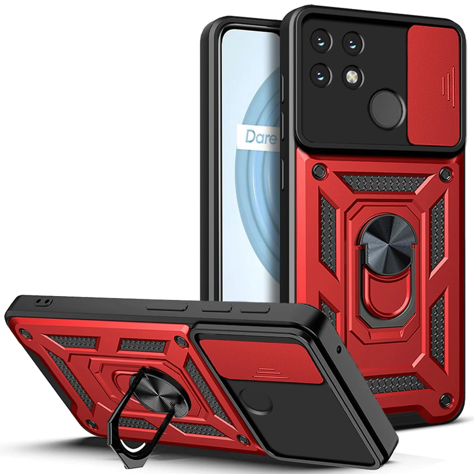 DL3 Mobilak Military-Grade Protective Case with Sliding Camera Cover, Metal Ring Kickstand and Magnetic Car-Mount Support for realme Narzo 50A - Red