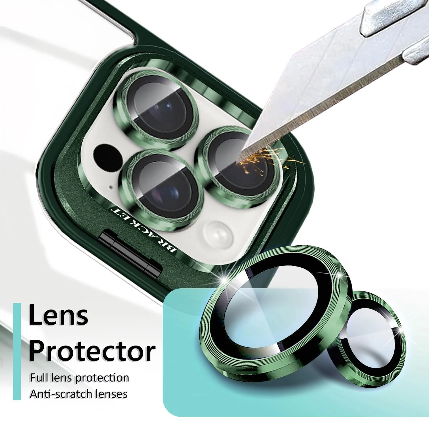 DL3 Mobilak Clear PC and TPU Case with Camera Ring Kickstand and Lens Protector for iPhone 15 Pro - Green