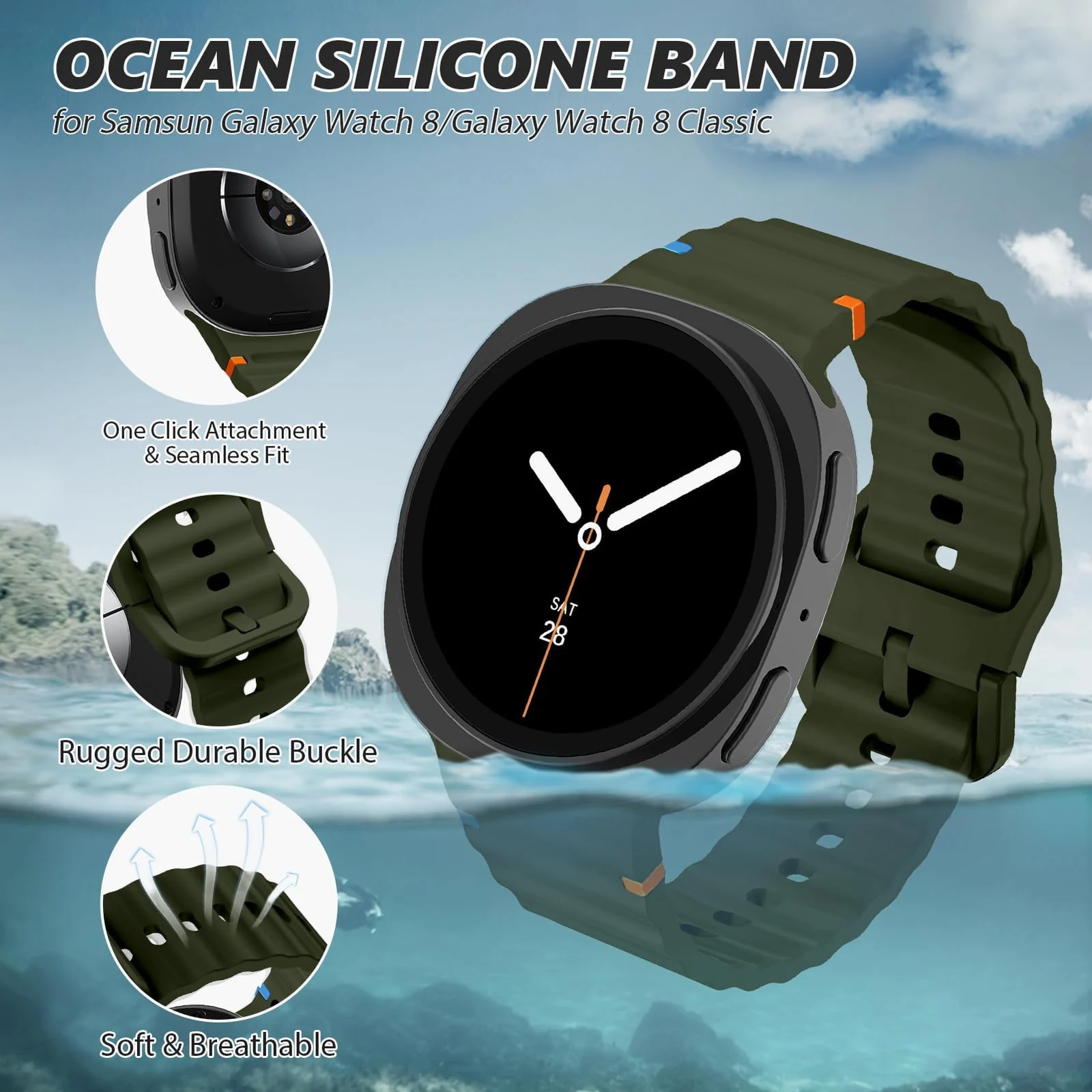 DL3 Mobilak Sport Strap for Samsung Galaxy Watch 8 Straps 40mm 44mm/8 Classic Bands 46mm Men Women, One Click No Gap Waterproof Soft Silicone Sport Band for Samsung Watch 8/8 Classic Strap - Military Green