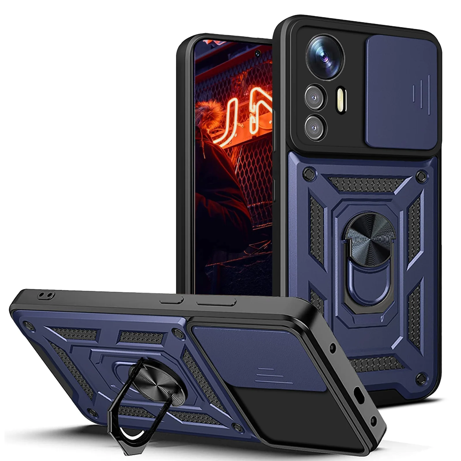 DL3 Mobilak Military-Grade Protective Case with Sliding Camera Cover, Metal Ring Kickstand and Magnetic Car-Mount Support for Xiaomi Redmi Note 12S - Blue