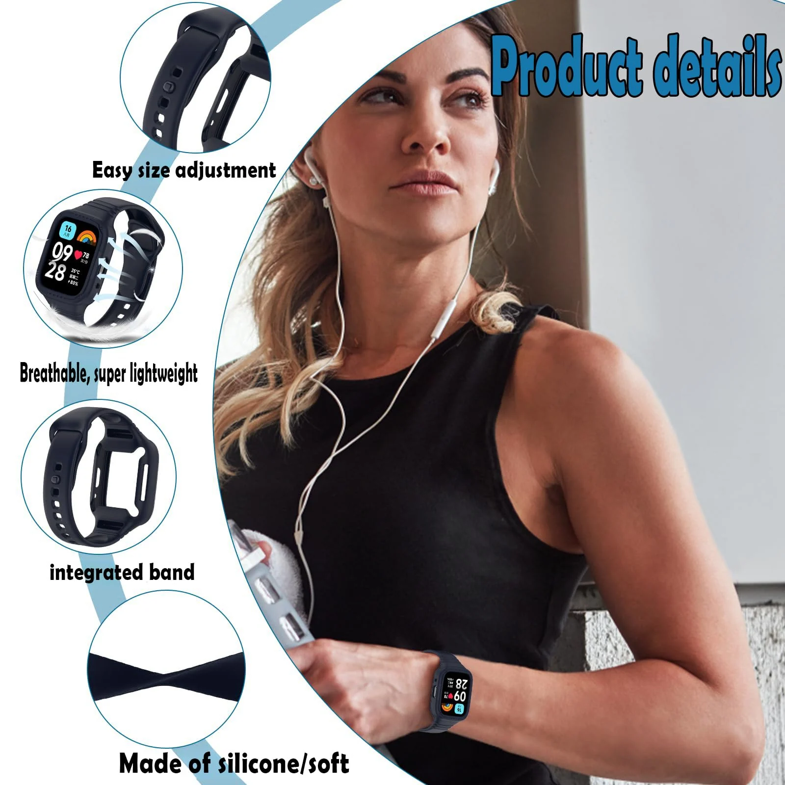 DL3 Mobilak Strap With Cover Compatible with Xiaomi Redmi Watch 3 Lite/Redmi Watch 3 Active, Silicone Sport Band Replacement Watchband with Bumper Case, Adjustable Wristband - Midnight Blue
