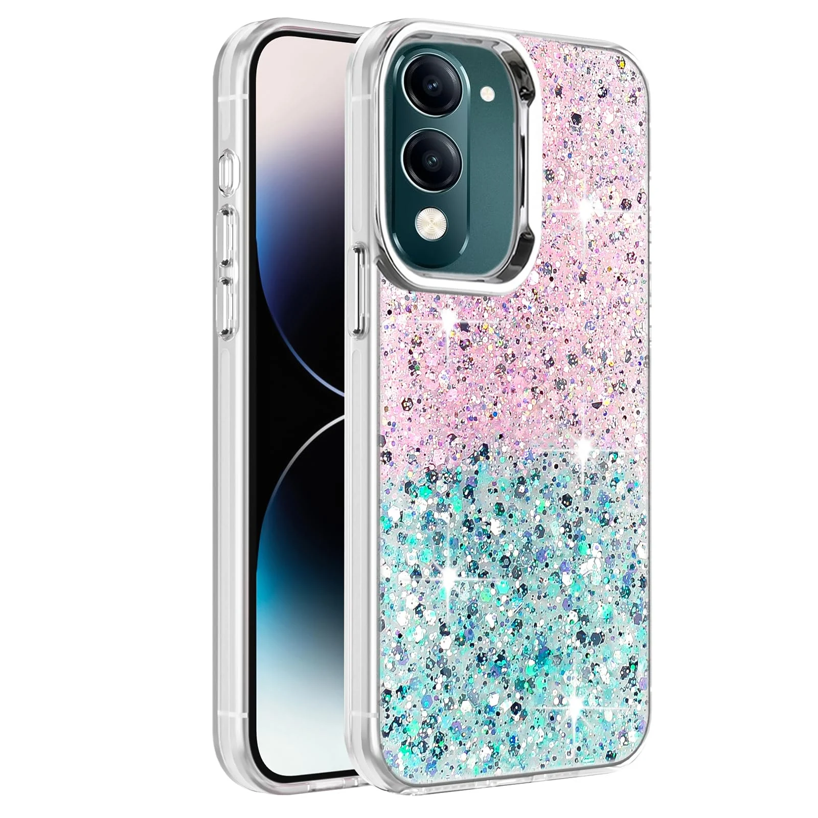 Dl3 Mobilak Compatible with Vivo Y04 / Vivo Y29s 5G Case, Clear Glitter Bling Sparkly, Soft TPU Frame Bumper, Hard-Back Cover for Women & Girls, Transparent Protective Phone Case (Pink Green)