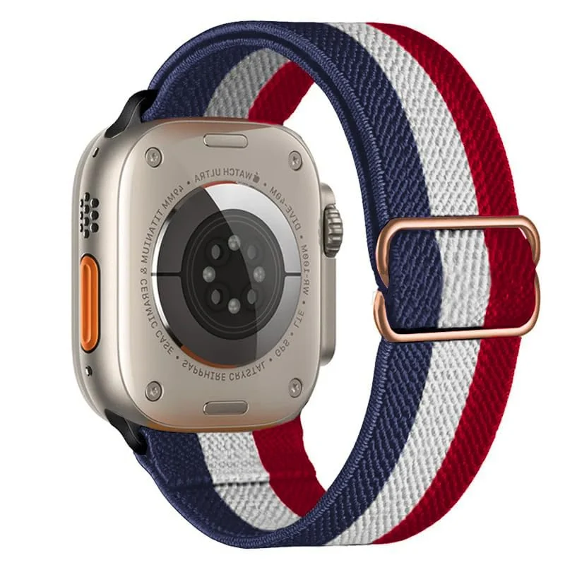 42MM/44MM/45MM/49MM — DL3 Mobilak Nylon Solo Loop Stretchy Straps For Apple Watch Band 49mm 45mm 44mm 42mm 41mm 40mm 38mm, Elastic Wristbands for Series 8 9 Ultra 7 6 5 4 3 2 1 (42MM/44MM/45MM/49MM) - Blue-White-Red
