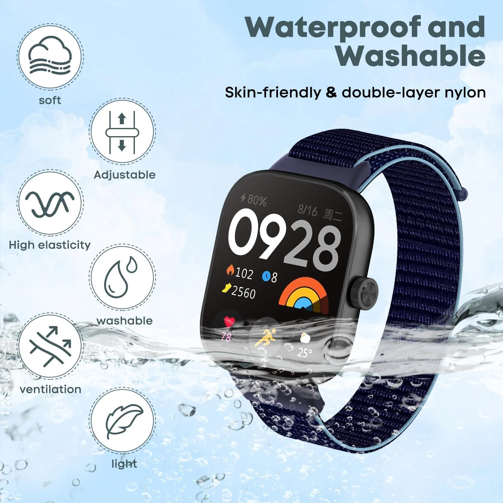 DL3 Mobilak Nylon Strap for Redmi Watch 4/Redmi Watch 5/Xiaomi Smart Band 8 Pro/Band 9 Pro, Men and Women Breathable Elastic Bracelet, Adjustable Straps Replacement Band Sport Watchband - Red