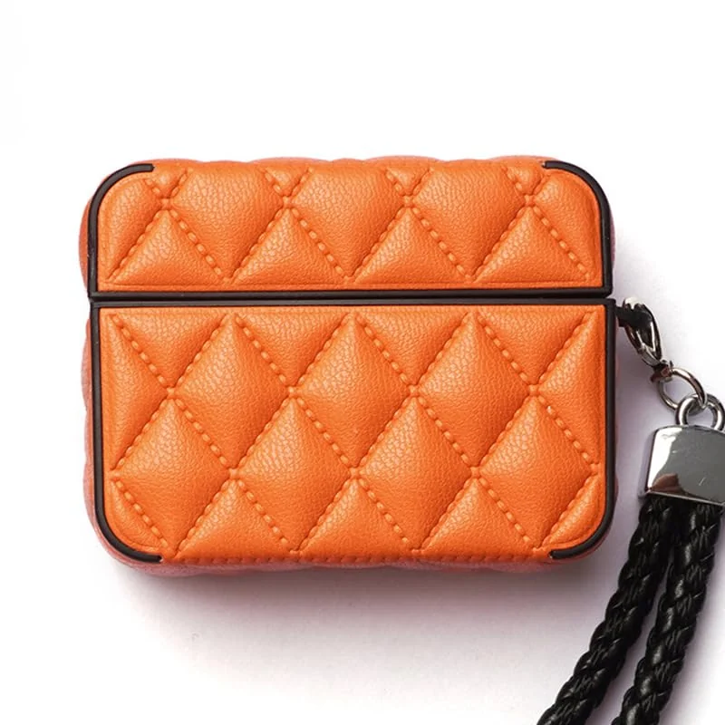MOBIGON Diamond-Quilted PU Leather Case with Lanyard for Apple AirPods Pro 1 / 2, Orange