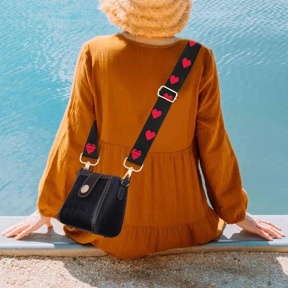 DL3 Mobilak Adjustable Wide Crossbody Bag Strap for Women, Replacement Shoulder Strap for Handbags, Totes & Purses with Elegant Embroidered Pattern and Metal Hooks - Black Heart