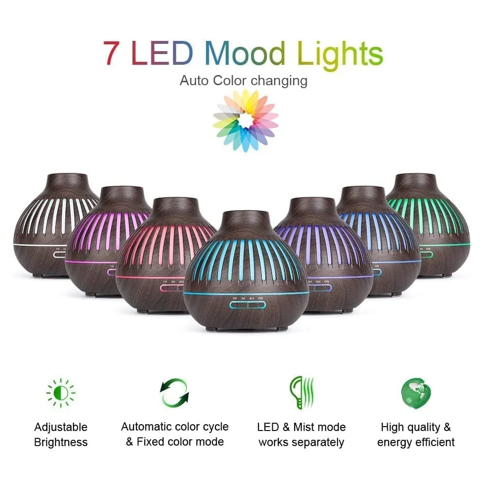 Mobigon Essential Oil Diffuser, Aromatherapy Diffuser 500ml with Remote Control, 4 Timer & Auto-Off Safety Switch, 7 Color LED Lights Mode, 10 Hours Quiet Humidifier for Bedroom - G.Dark Brown