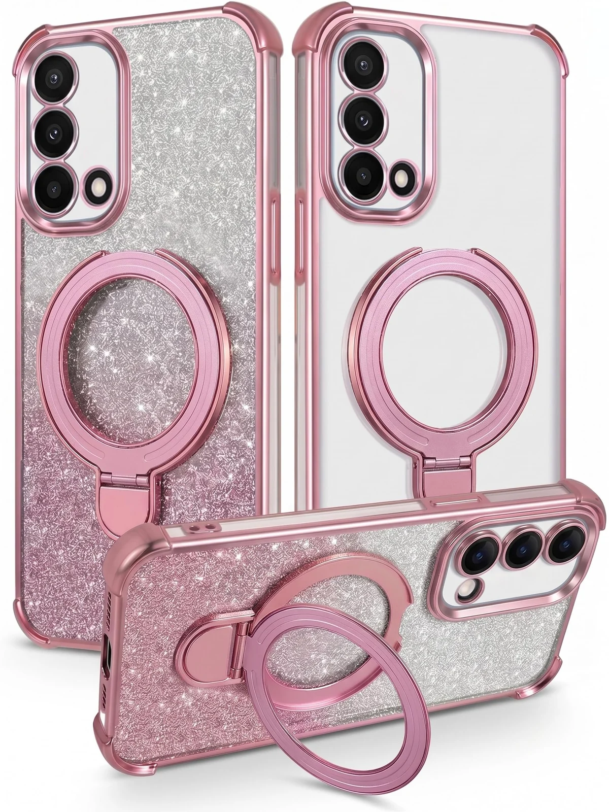Mobigon Glitter Phone Case Compatible with OPPO A74 4G/A95 4G/F19, Magnetic Ring Stand Shockproof Cover, Clear Soft TPU Bumper with Full Camera Protection - Pink