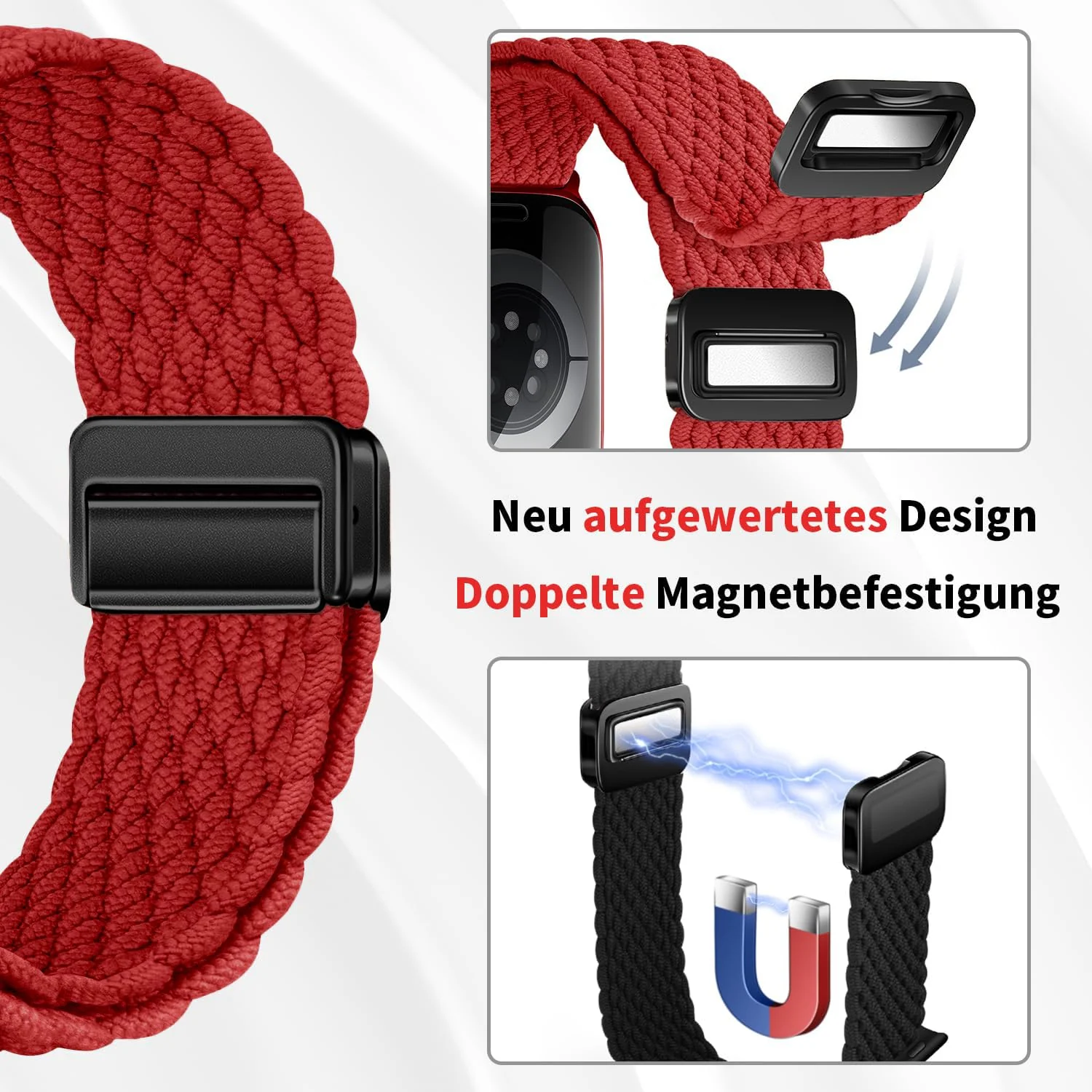 DL3 Mobilak 22mm Magnetic Band for Redmi Watch 5 Active/5 Lite/Samsung Galaxy Watch 3 45mm/Watch 46mm/Gear S3/Huawei watch GT6 GT5 46MM/GT2E/GT6 Pro/GT 5 Pro/Amazfit GTR 4/3, Stretchy Braided Nylon Sport Strap - Red