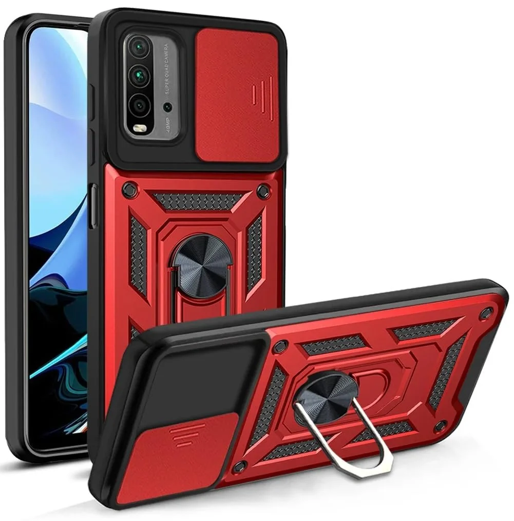 DL3 Mobilak Military-Grade Protective Case with Sliding Camera Cover, Metal Ring Kickstand and Magnetic Car-Mount Support for Xiaomi Redmi 9T / Poco M3 / Redmi Note 9 4G - Red