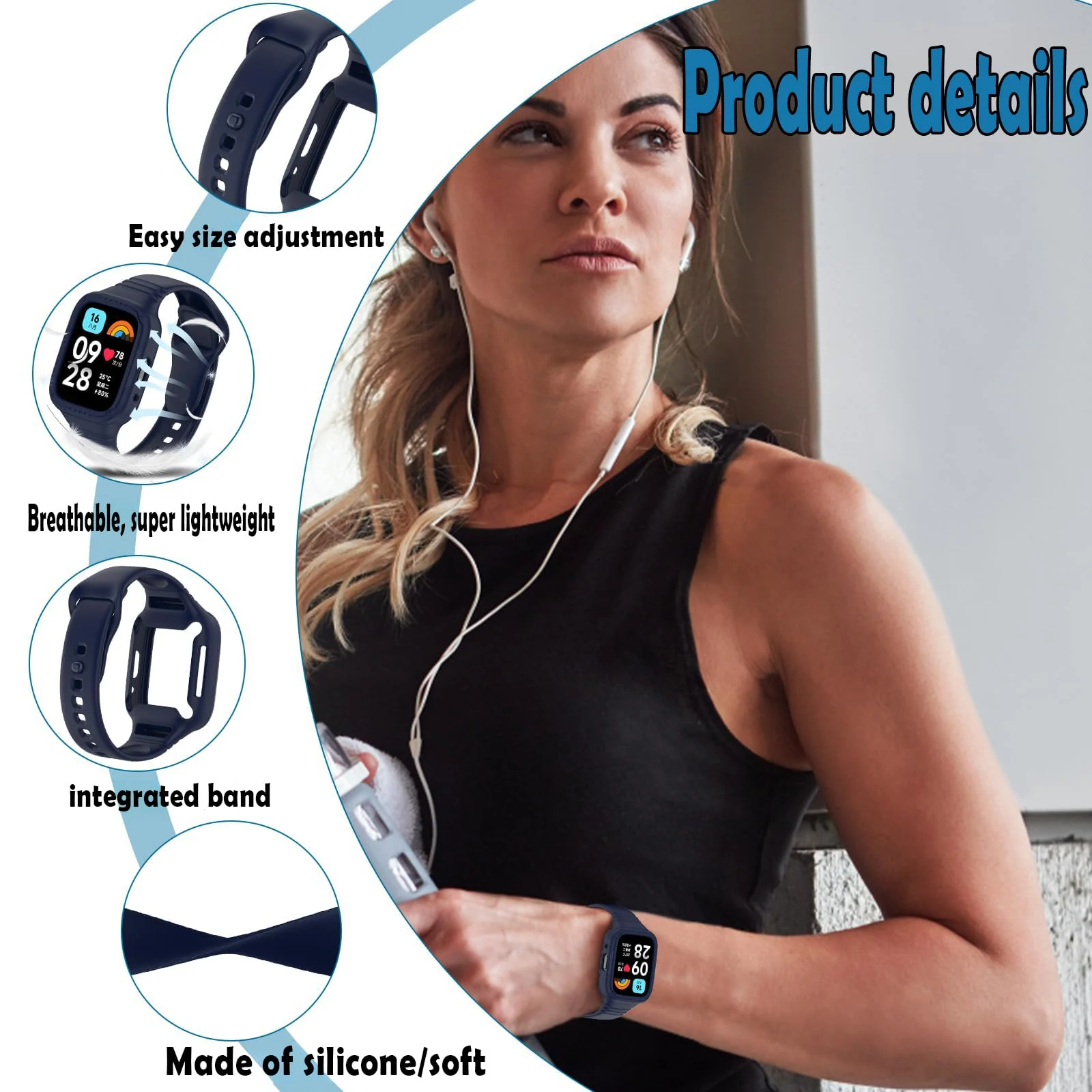 DL3 Mobilak Strap With Cover Compatible with Xiaomi Redmi Watch 3 Lite/Redmi Watch 3 Active, Silicone Sport Band Replacement Watchband with Bumper Case, Adjustable Wristband - Blue