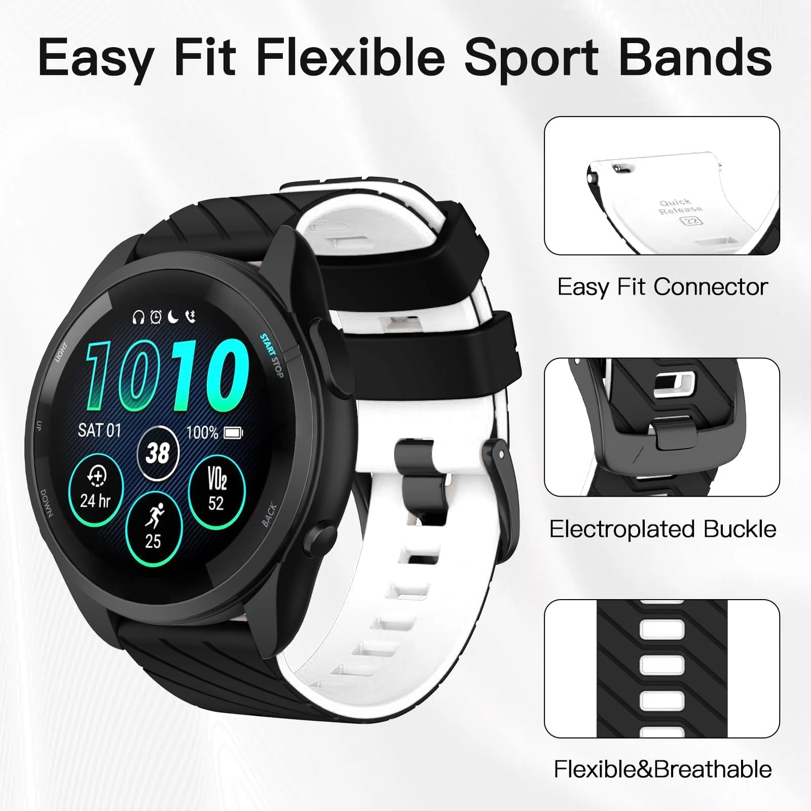 DL3 Mobilak Silicone Sport Band 22MM Strap For Xiaomi Redmi Watch 5 Active/5 Lite/Samsung Galaxy Watch 3 45mm/Watch 46mm/Gear S3/Huawei watch GT5 GT4 GT3 GT2 GT 46MM/GT2E/GT3 Pro/GT 5 Pro - Black/white