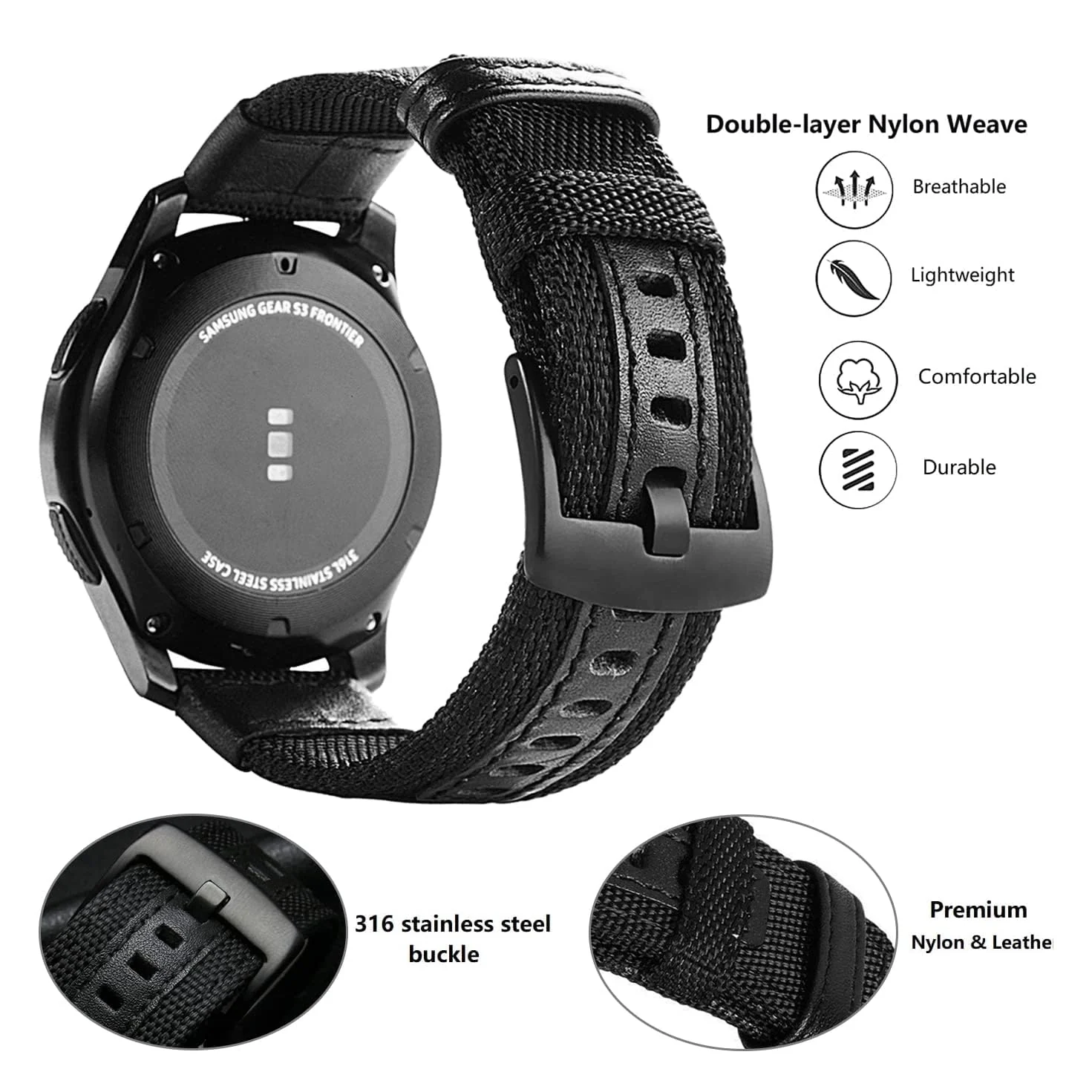 DL3 Mobilak Nylon Sports Bands With Leather 20MM Strap for Samsung Gear Sport, Watch 6, 4, 5, 5 Pro, S2 Classic, Active 2 40mm 44mm, Amazfit GTS 3, 4, 4 Mini, Bip 3 Pro, GTS2, Bp U - Black