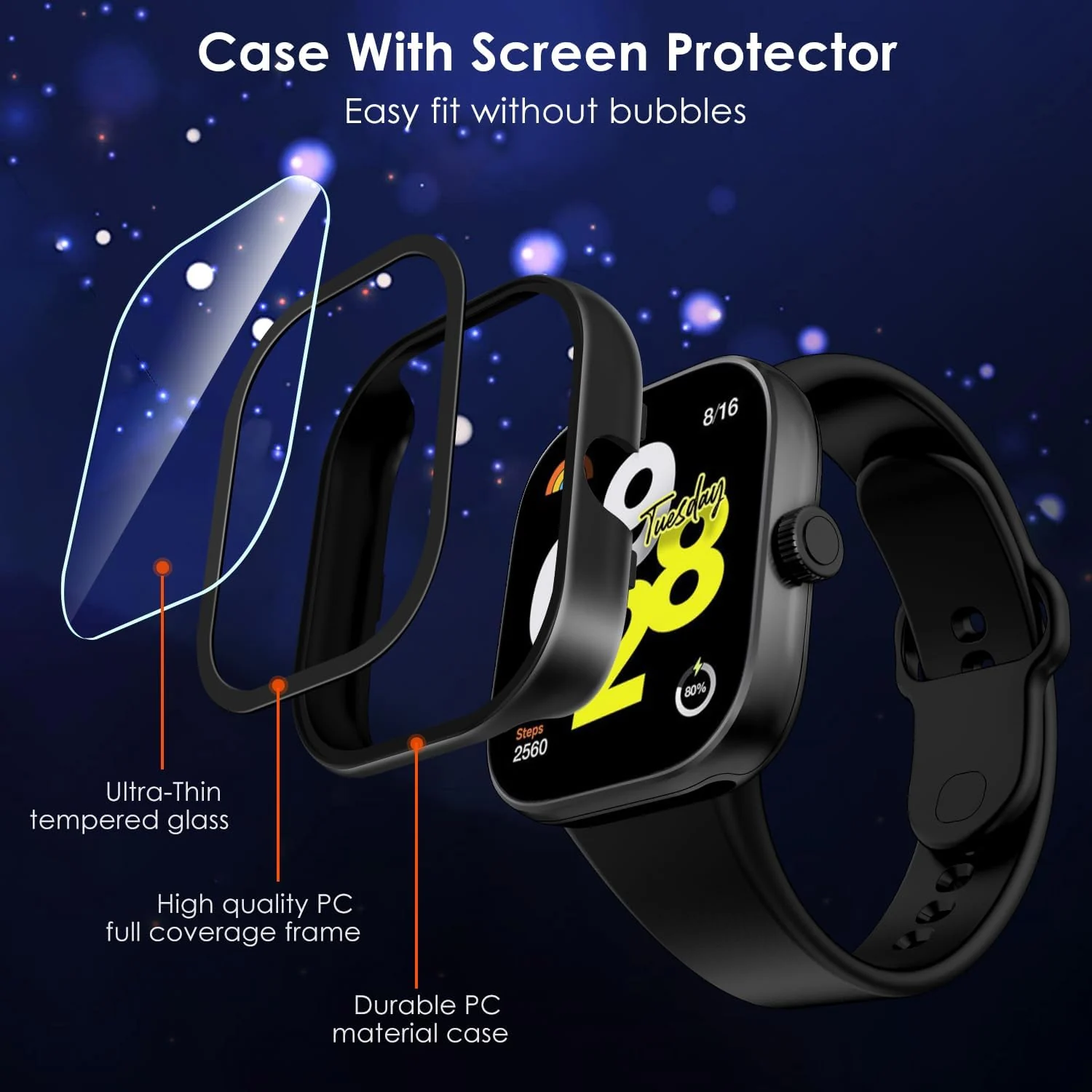 DL3 Mobilak For Xiaomi Redmi Watch 4 Case with Tempered Glass Screen Protector for xiaomi redmi Watch 4, 9H Hardness 360° All-Round Protective Ultra Thin Protective PC Case - Black