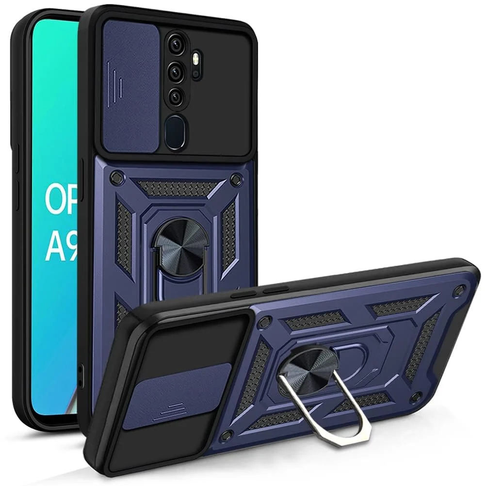 DL3 Mobilak Military-Grade Protective Case with Sliding Camera Cover, Metal Ring Kickstand and Magnetic Car-Mount Support for OPPO A9 2020 / OPPO A5 2020 - Blue