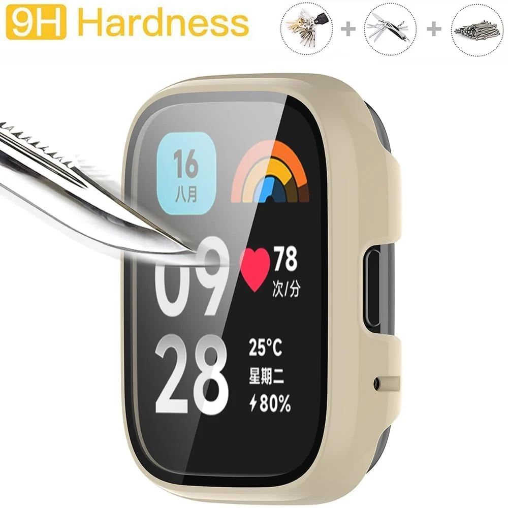 DL3 Mobilak Case with Screen Protector for Xiaomi Redmi Watch 3 Active/Redmi Watch 3 Lite, Bumper Full Coverage Hard PC Overall Protective Cover, Built-in Tempered Glass High Sensitivity - Ivory White