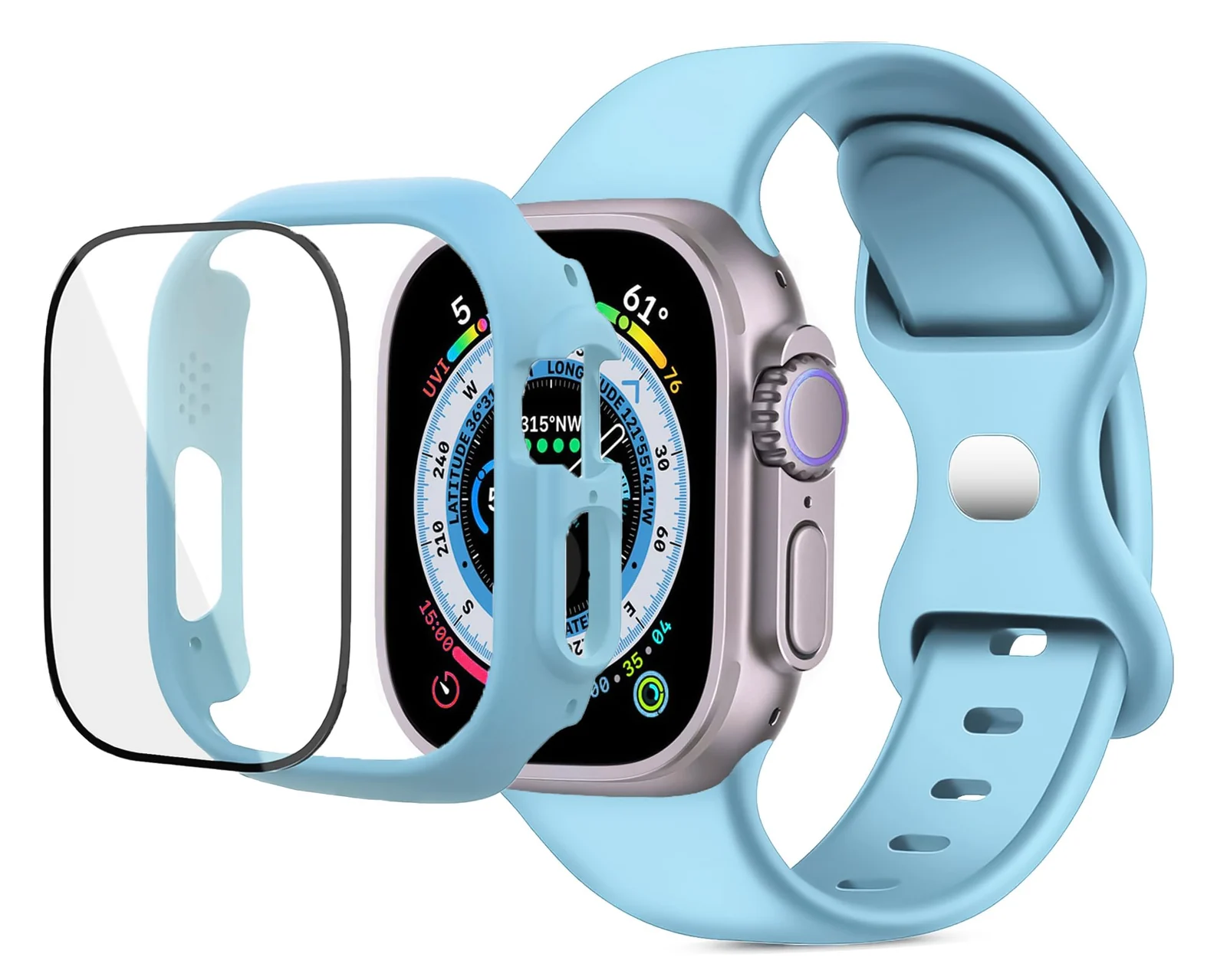 DL3 Mobilak Band with Case For Apple Watch Ultra/Ultra 2 49mm, Adjustable Silicone Sport Wristband Replacement, Strap With Cover Built-in Glass Screen Protector for iWatch Ultra 49 mm - Sky Blue