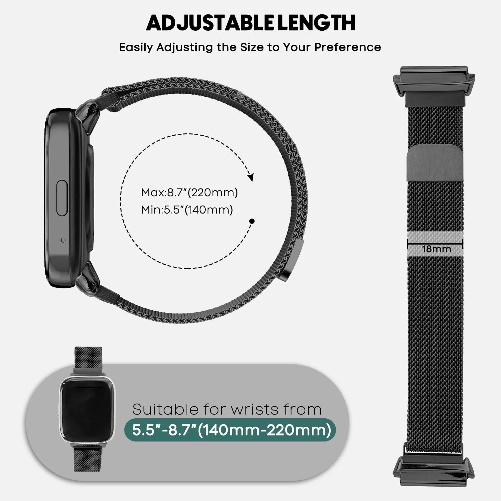 DL3 Mobilak Bracelet Compatible with Xiaomi Redmi Watch 3 Active/Redmi Watch 3 Lite, Stainless Steel Replacement Strap, Mesh Metal Watch Strap, Magnetic Adjustable Replacement Band For Men Women - Black