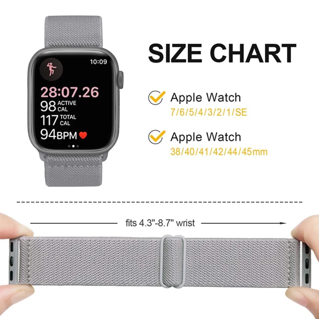 DL3 Mobilak Nylon Solo Loop Stretchy Straps For Apple Watch Band 49mm 45mm 44mm 42mm 41mm 40mm 38mm, Elastic Wristbands for Series 8 Ultra 7 6 5 4 3 2 1 Se (Light Grey, 38MM/40MM/41MM), unisex-adult - Black