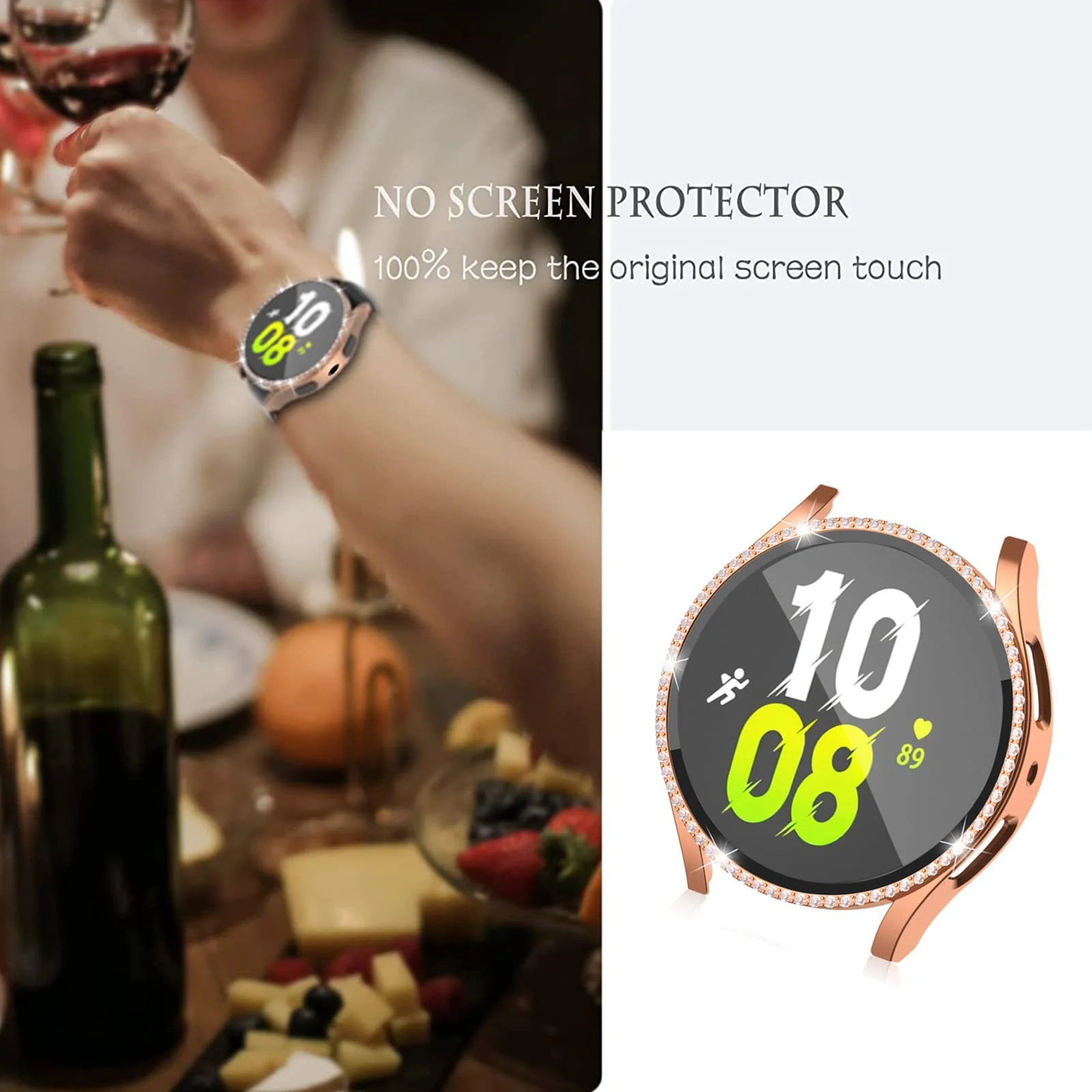 DL3 Mobilak Bumper Diamond Case Compatible with Samsung Galaxy Watch 5 44MM / Galaxy Watch 4 44mm, Bling Crystal Diamonds PC Plastic Protector Case Cover Frame For Galaxy Watch 4/5 44 MM - Rose Gold