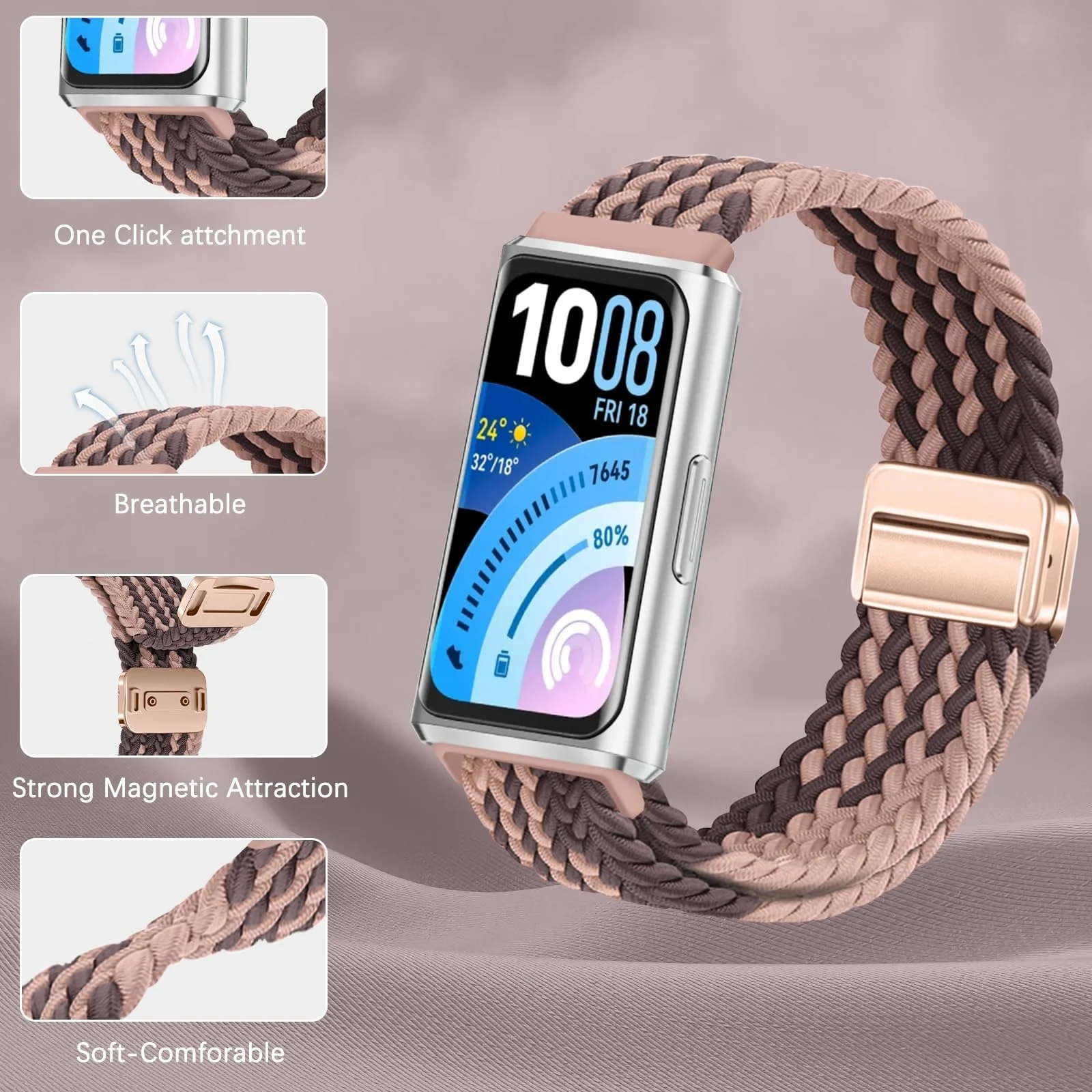 DL3 MOBILAK Braided Elastic Nylon Magnetic Watch Strap for Huawei Band 11 / Band 11 Pro, Smoky Purple