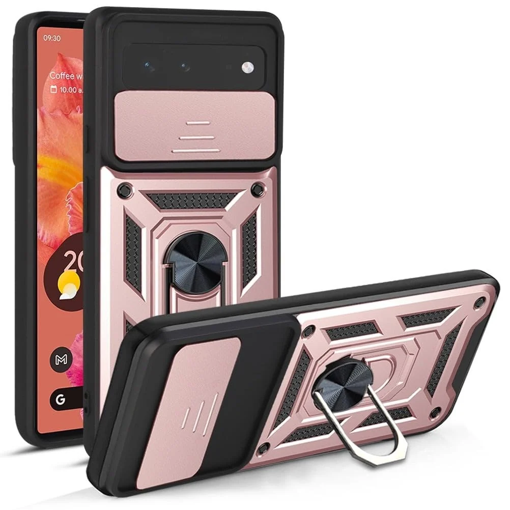 DL3 Mobilak Case for Google Pixel 6 with Slide Camera Cover, Military Grade Shockproof Protective Cover with Rotatable Metal Ring Kickstand [Support Magnetic Car Mount] - Rose Gold