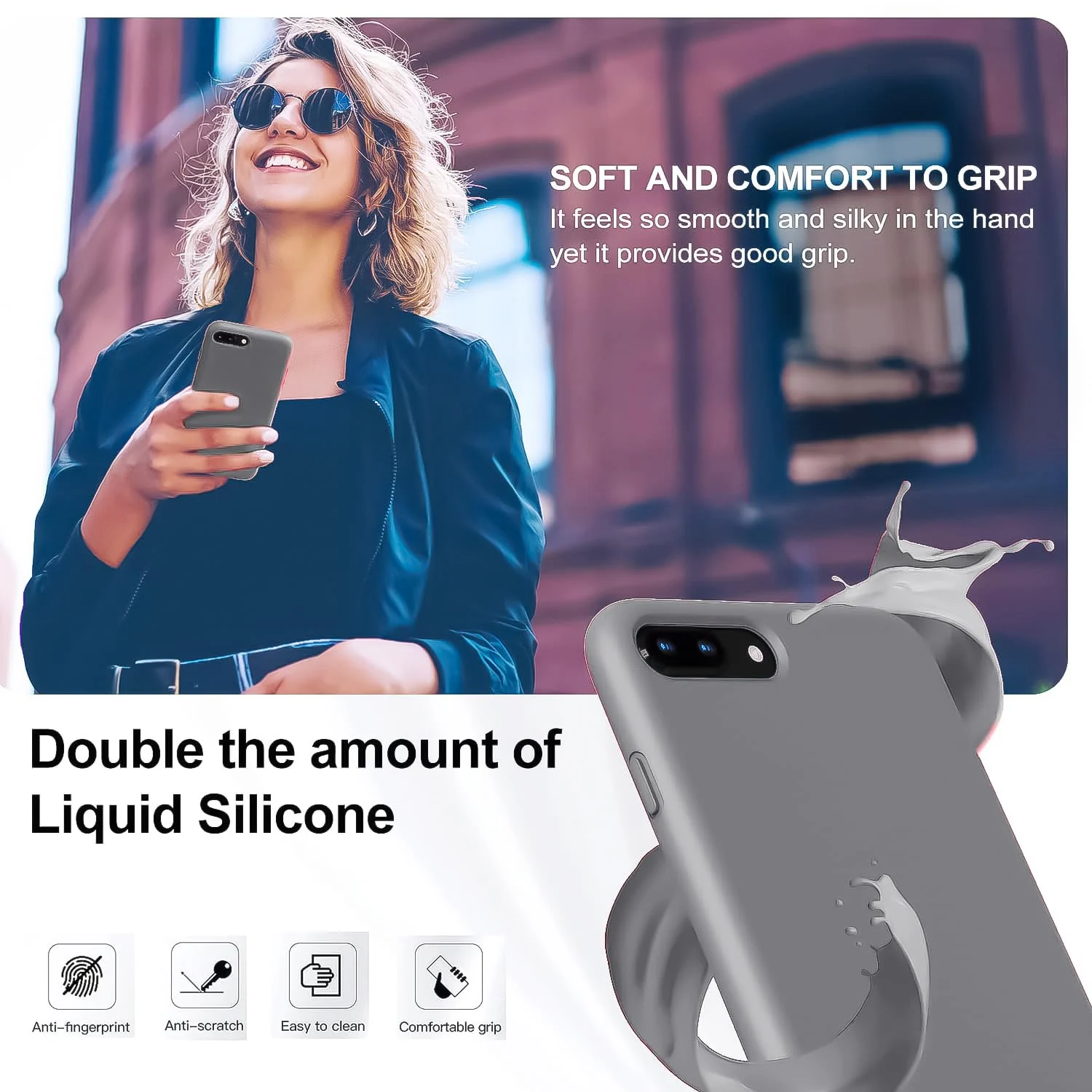 DL3 Mobilak Liquid Silicone Case for iPhone 7 Plus / iPhone 8 Plus, Shock-absorbing protection, Scratch-resistant surface, Soft microfiber lining - A.Gray
