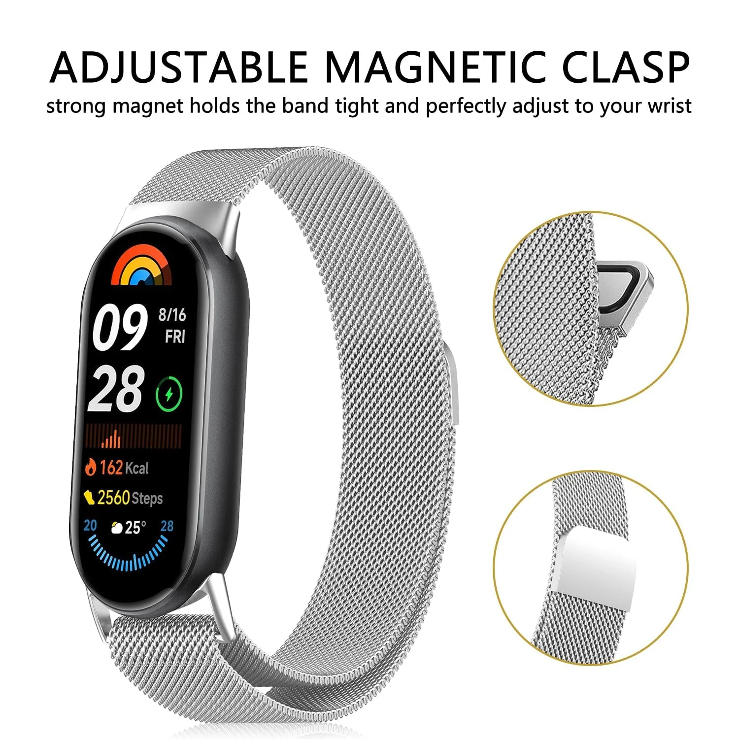DL3 Mobilak Bracelet Compatible with Xiaomi Mi Band 10/9/8, Stainless Steel Replacement Straps, Mesh Metal Watch Strap, Magnetic Adjustable Replacement Strap For Xiaomi Smart Band 8/9/10 - Silver