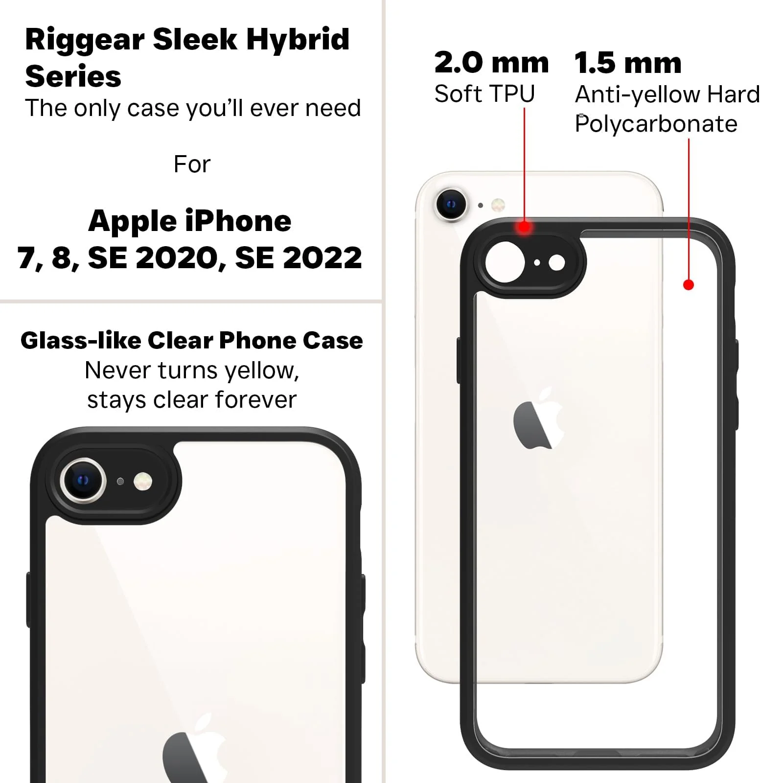 DL3 Mobilak Compatible with iPhone 7 / 8, iPhone SE 2022, SE 2020 Case, Military-Grade Shockproof Anti-Yellowing, Slim Protective Phone Case Full Bumper Cover With Camera Lens Protective - Black