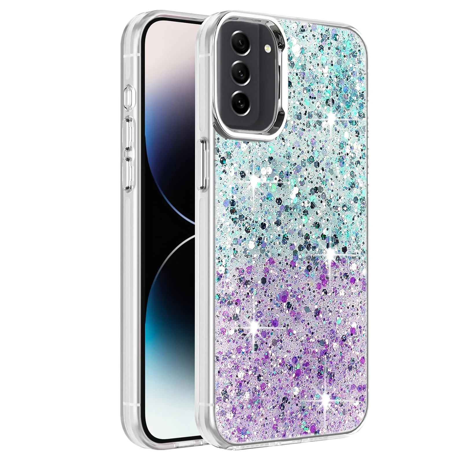 DL3 Mobilak Glitter Protective Case for Samsung Galaxy S21 FE, Supports wireless charging, Camera protection, Shock-absorbing protection - Green Purple