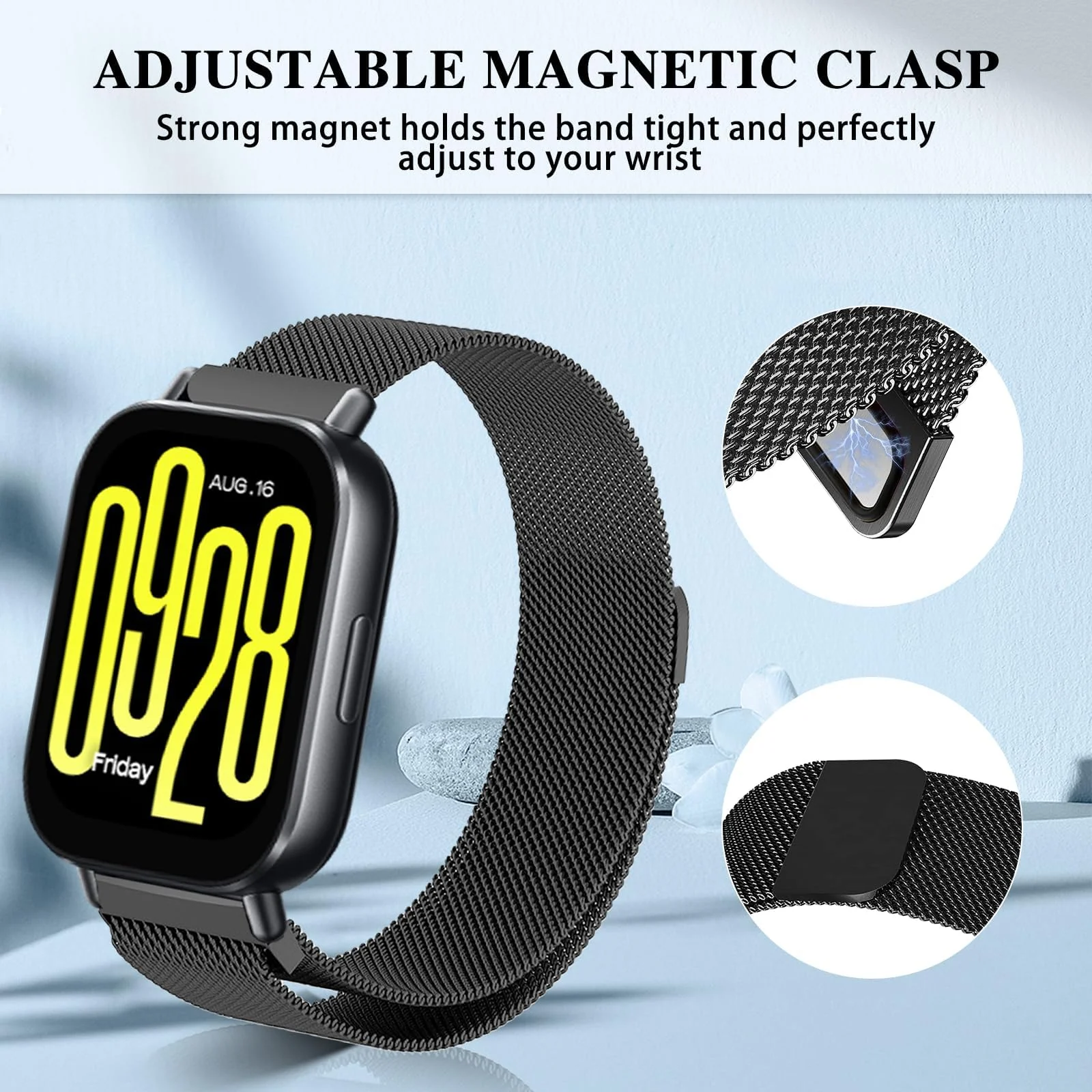 DL3 MOBILAK Milanese Magnetic Stainless-Steel Watch Strap for Xiaomi Redmi Watch 5 Lite and 5 Active - Black